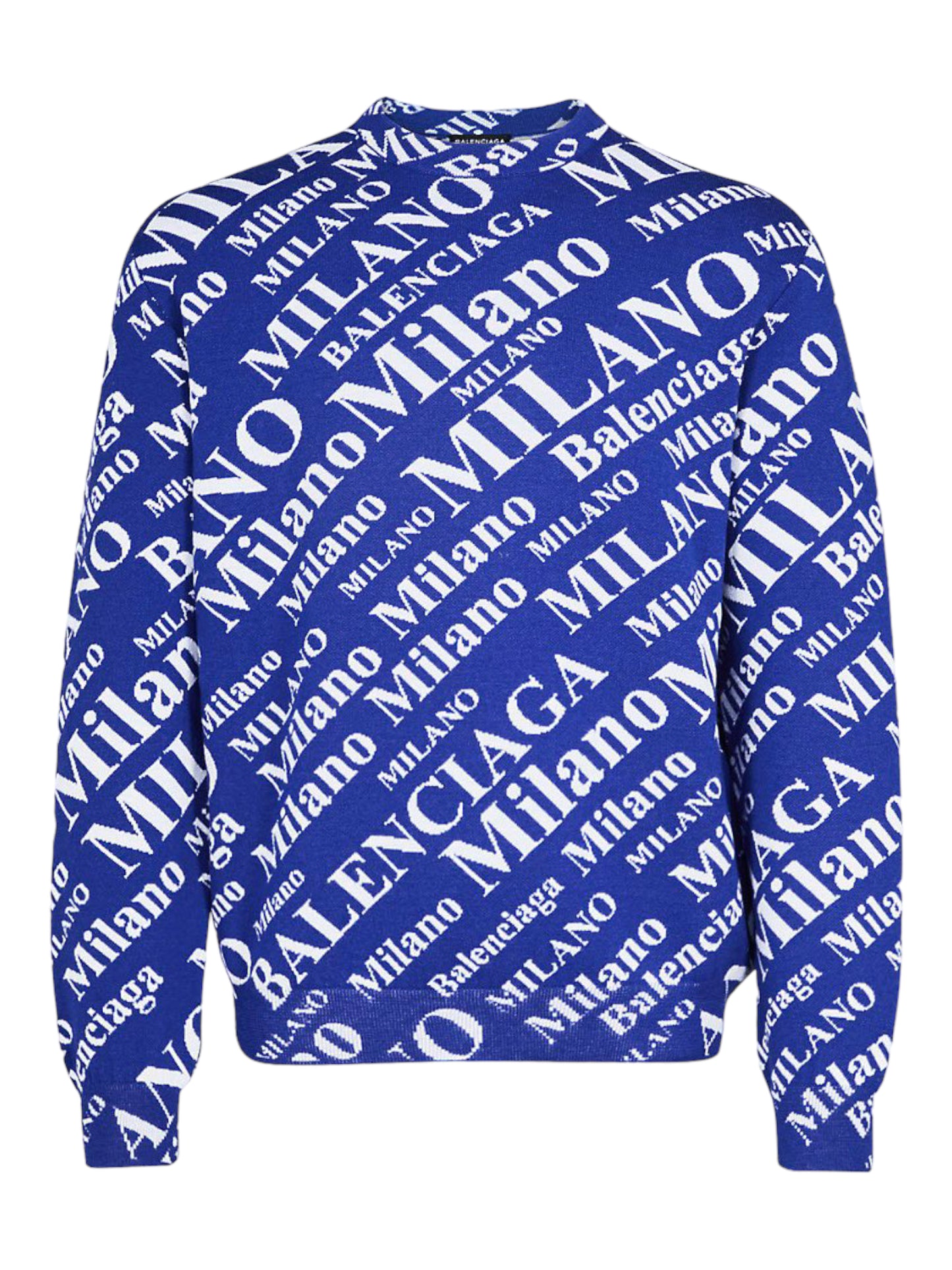 Balenciaga Blue Oversized Jacquard-Knit Virgin Wool-Blend Sweater - Genuine Design Luxury Consignment for Men. New & Pre-Owned Clothing, Shoes, & Accessories. Calgary, Canada