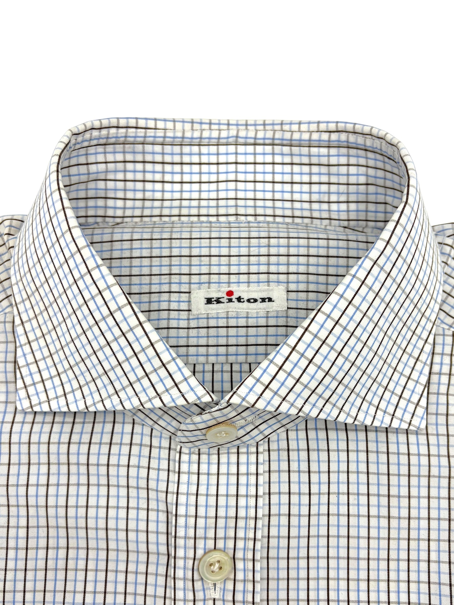 Kiton Baby Blue & Brown Tattersall Check Dress Shirt 16.5