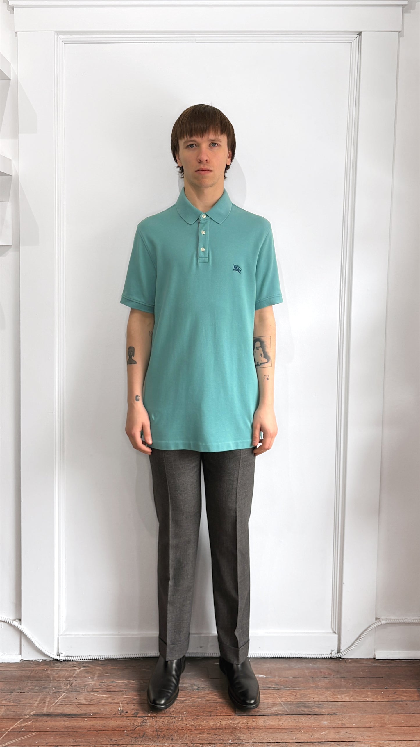 Burberry Brit Teal Blue Chest Logo Cotton Polo Shirt Large