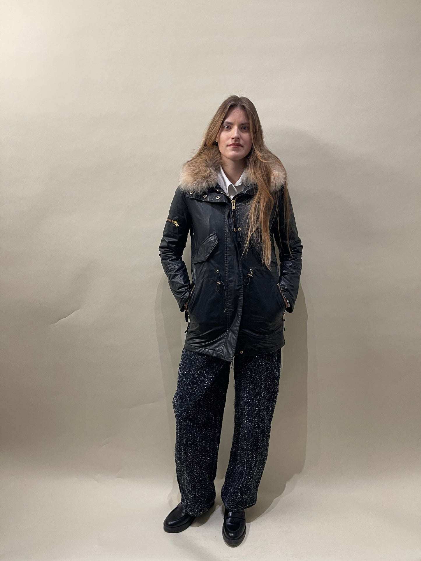 SAM. Black Cotton Blend Coyote Fur Hooded Jacket Extra Small - XS