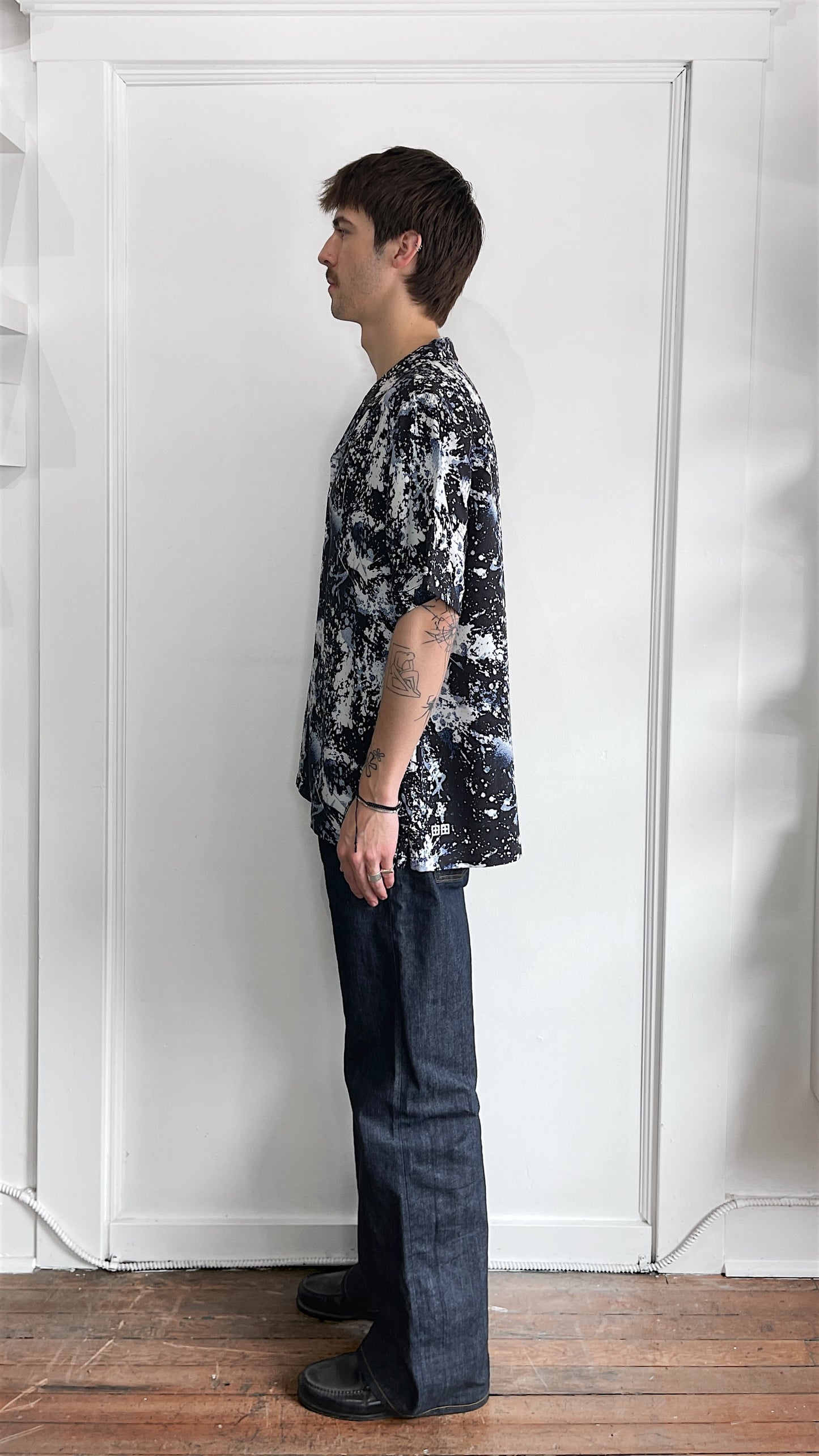 Ksubi Black, White, & Blue Paint Splatter Pattern Tencel Camp Shirt Large