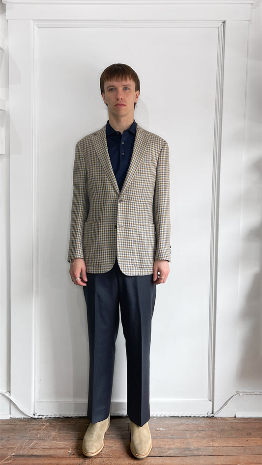 Suitsupply Beige & Blue Gingham Check Wool Silk Linen Sport Coat 38