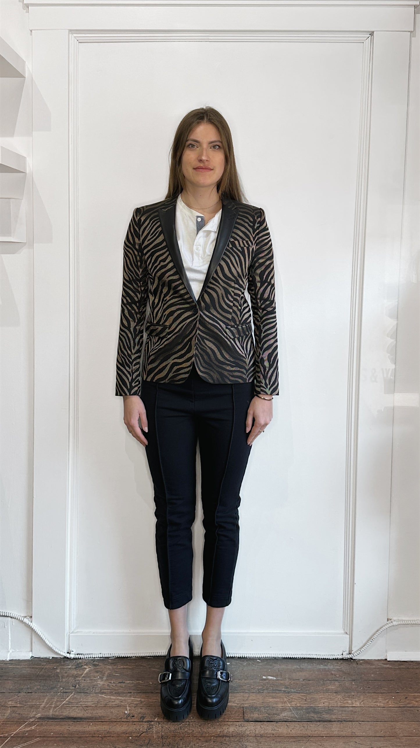 The Kooples Metallic Bronze Tiger Stripe Blazer with Leather Lapel 36