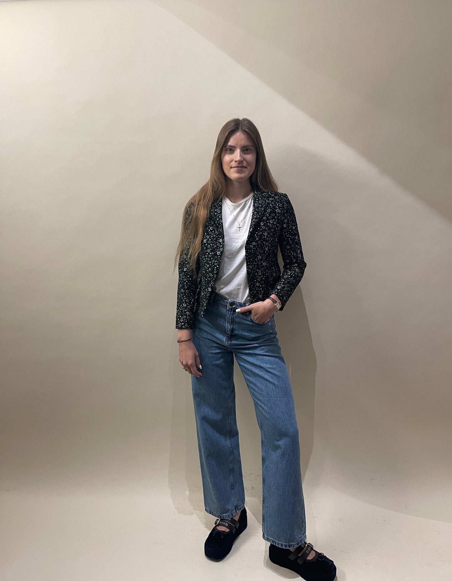 Paul Smith Green & Black Floral Jacquard Cropped Blazer 38