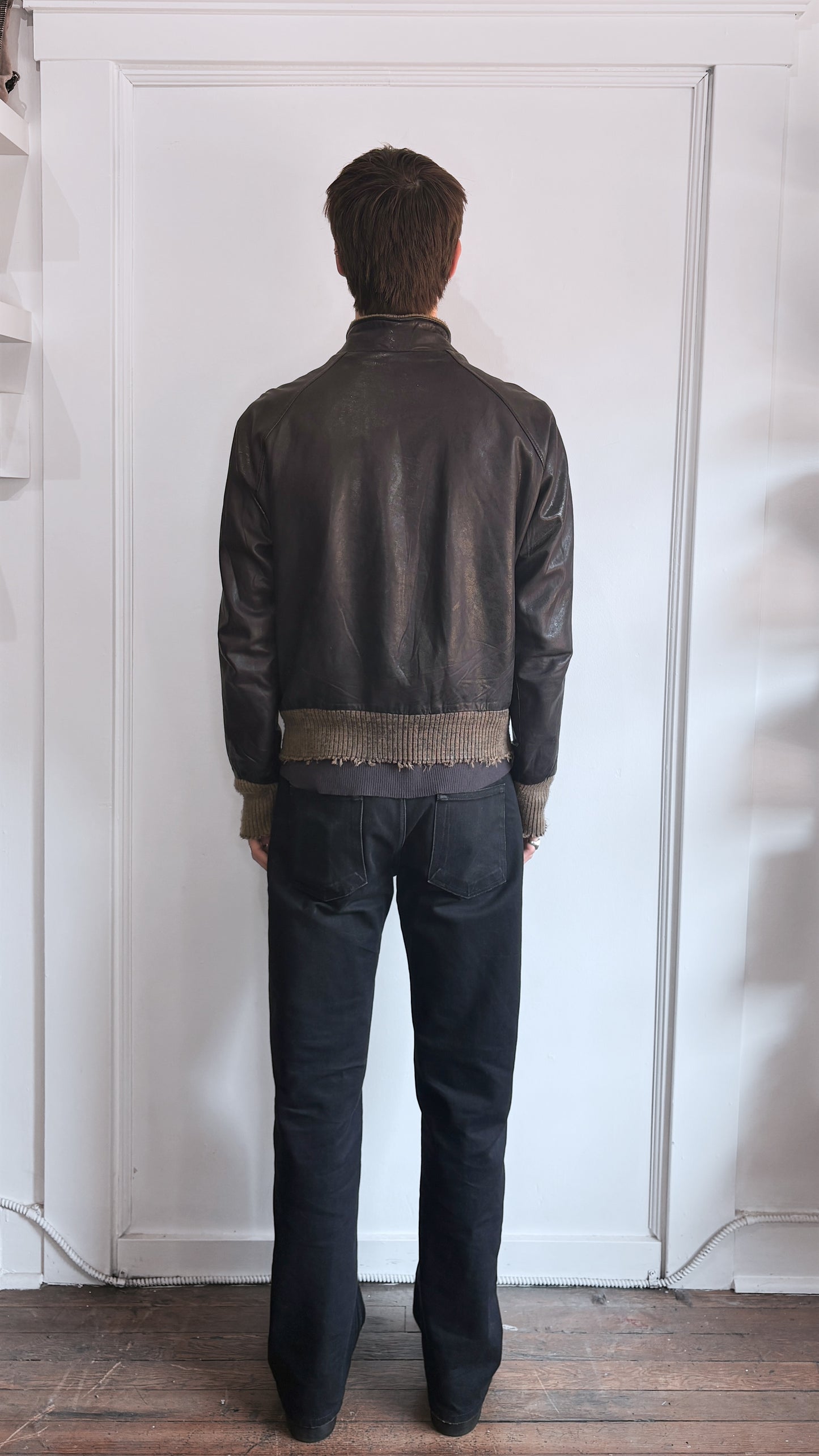Giorgio Brato Black Leather Distressed Bomber Jacket 44