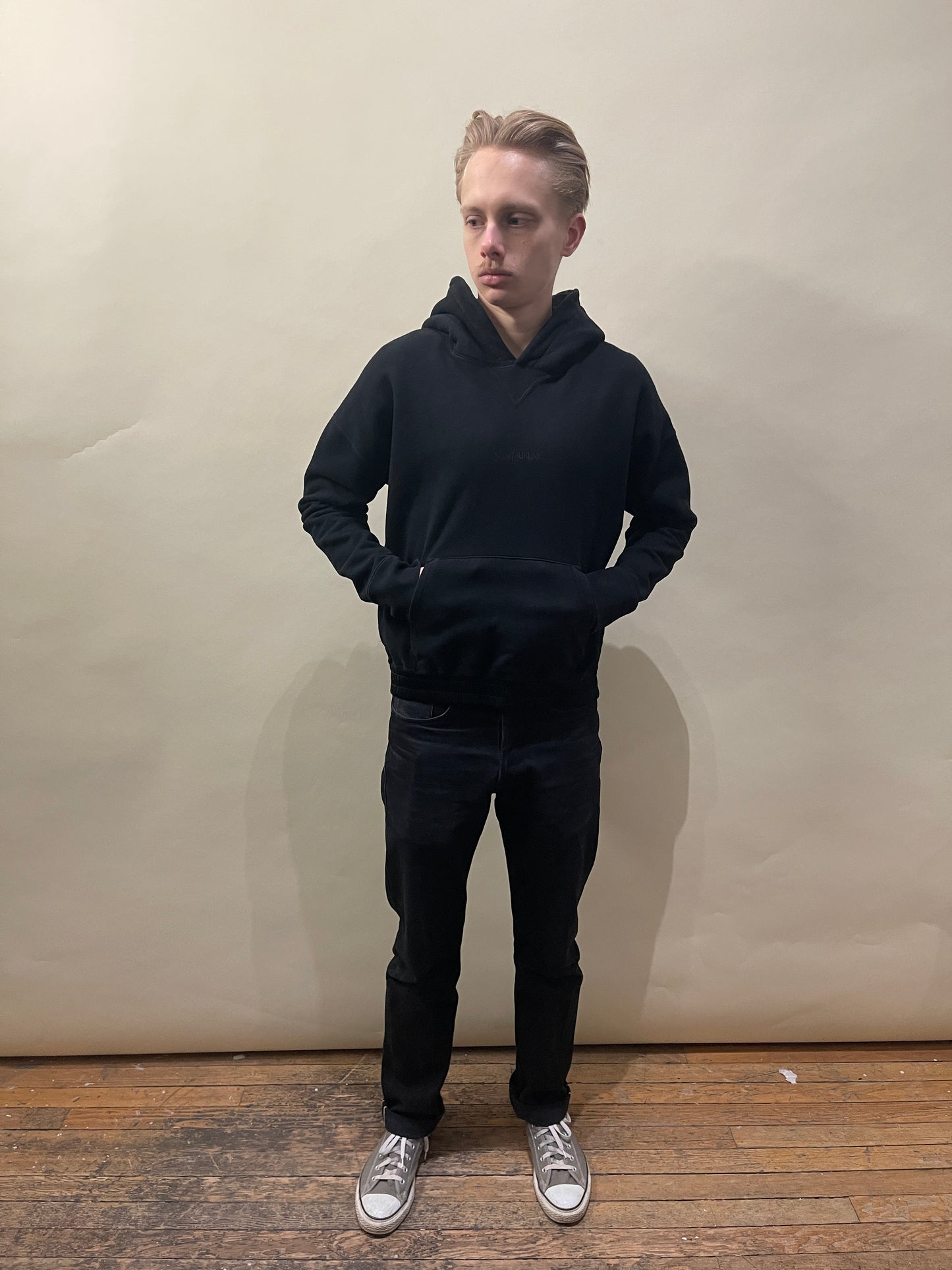 Saint Laurent Black Cotton Satin Waistband Hoodie Large - L