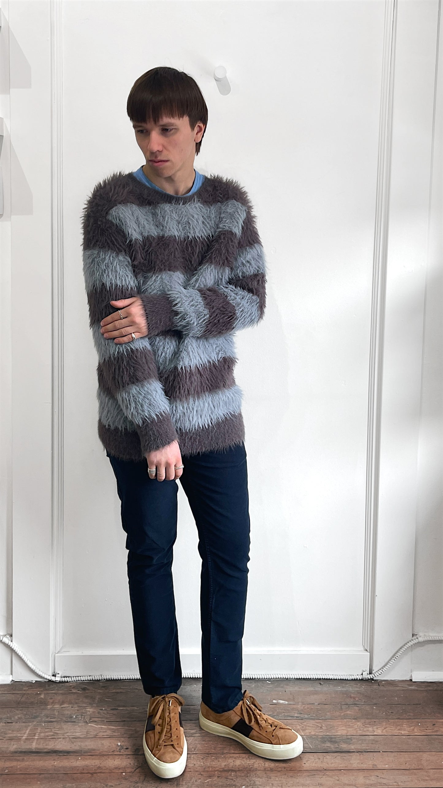 Number (N)ine Grey & Blue Striped Nylon Hairy Crewneck Sweater Medium - M