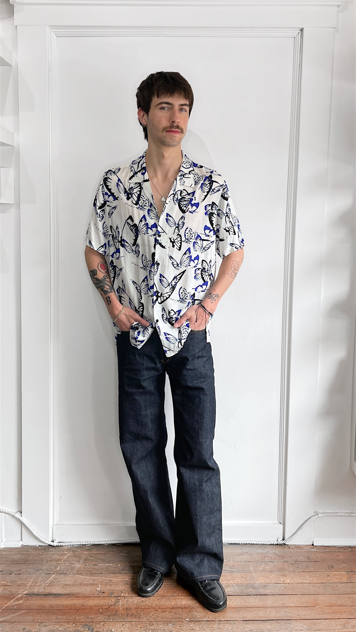 Ksubi White & Blue Butterfly Pattern Viscose Camp Shirt Medium