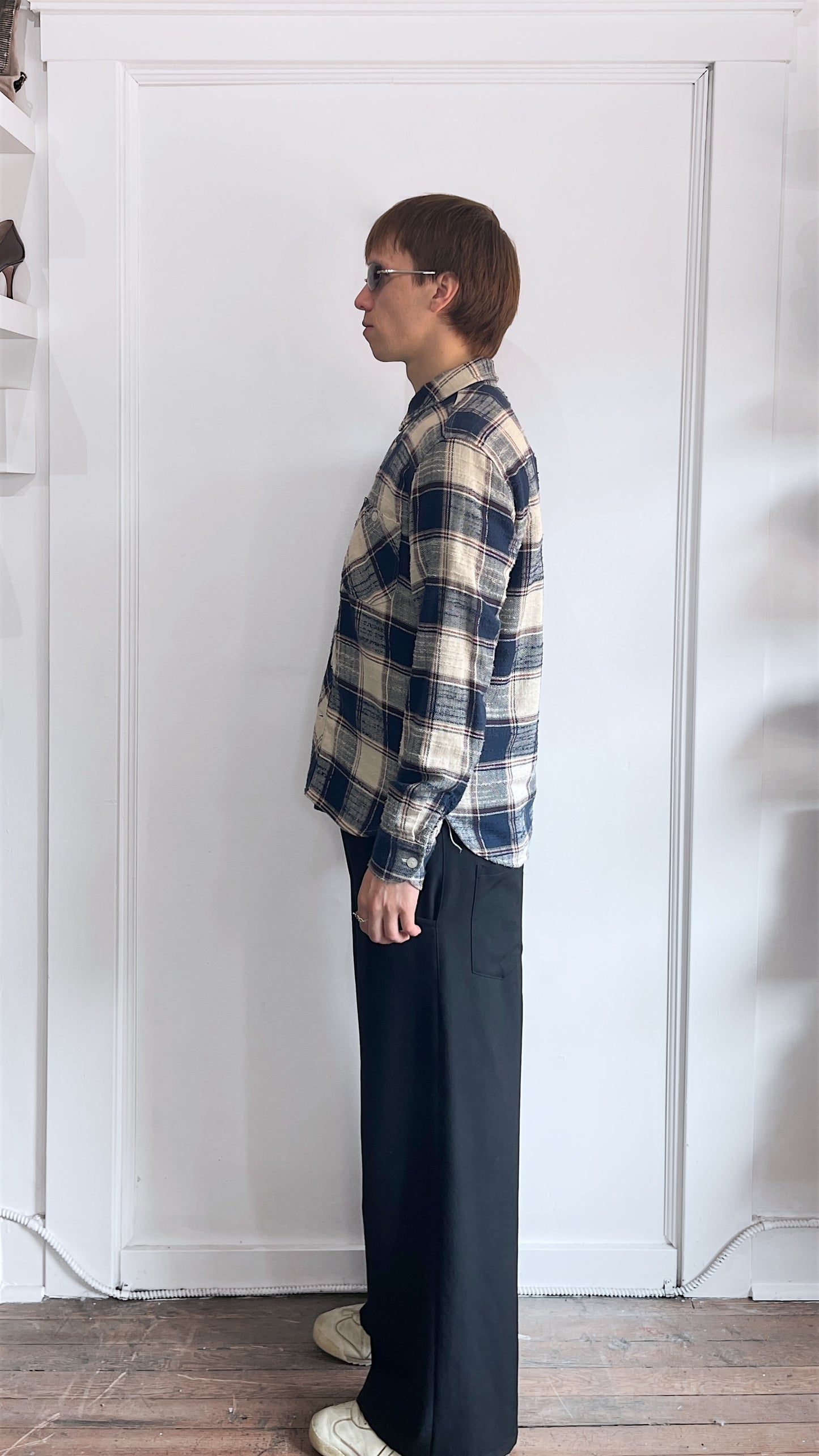 Rogue Territory Navy, White, & Red Plaid Flannel LS Button Up Medium