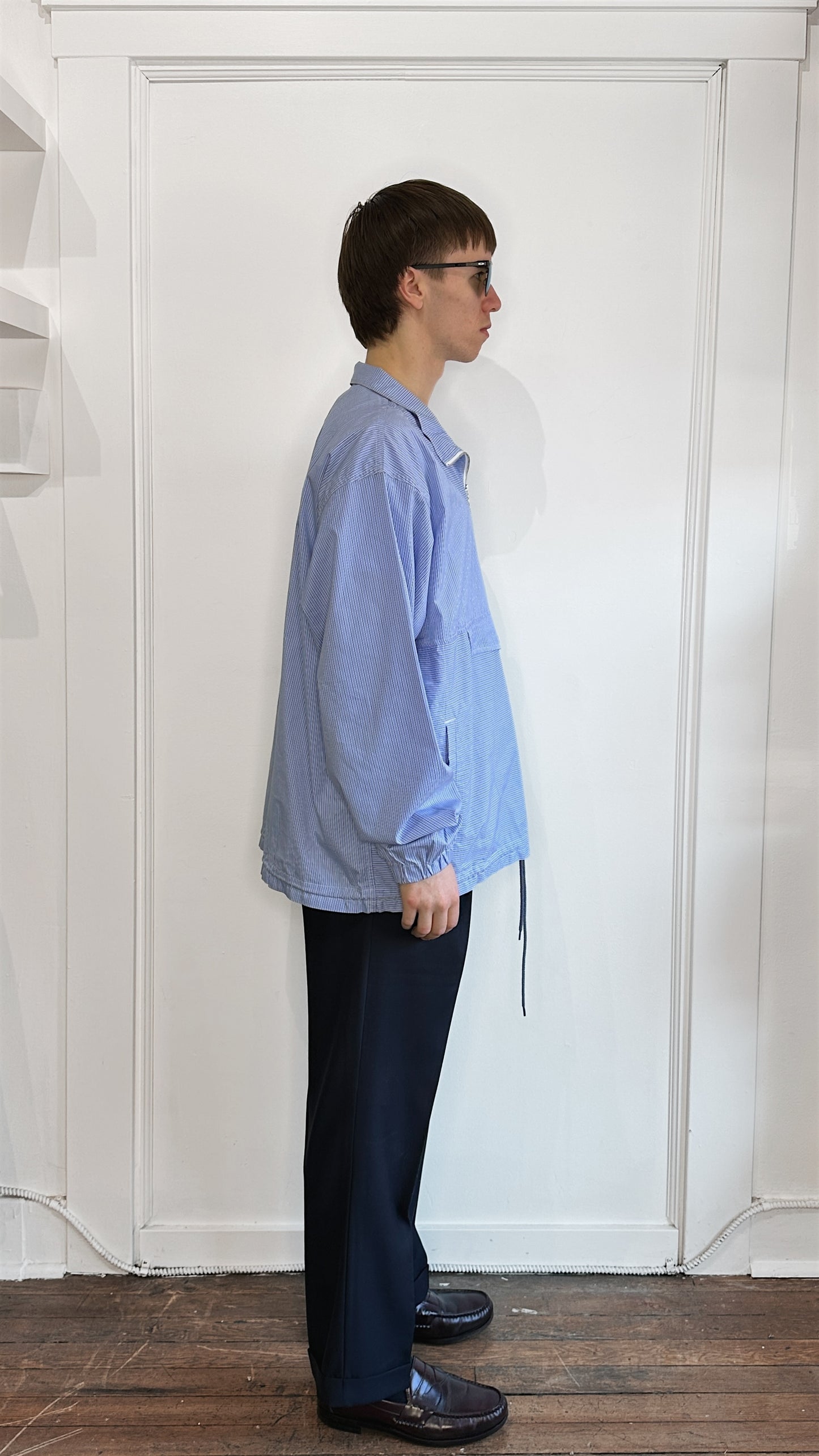 Nanamica Blue Striped 1/4 Zip Popover Dress Shirt Extra Large
