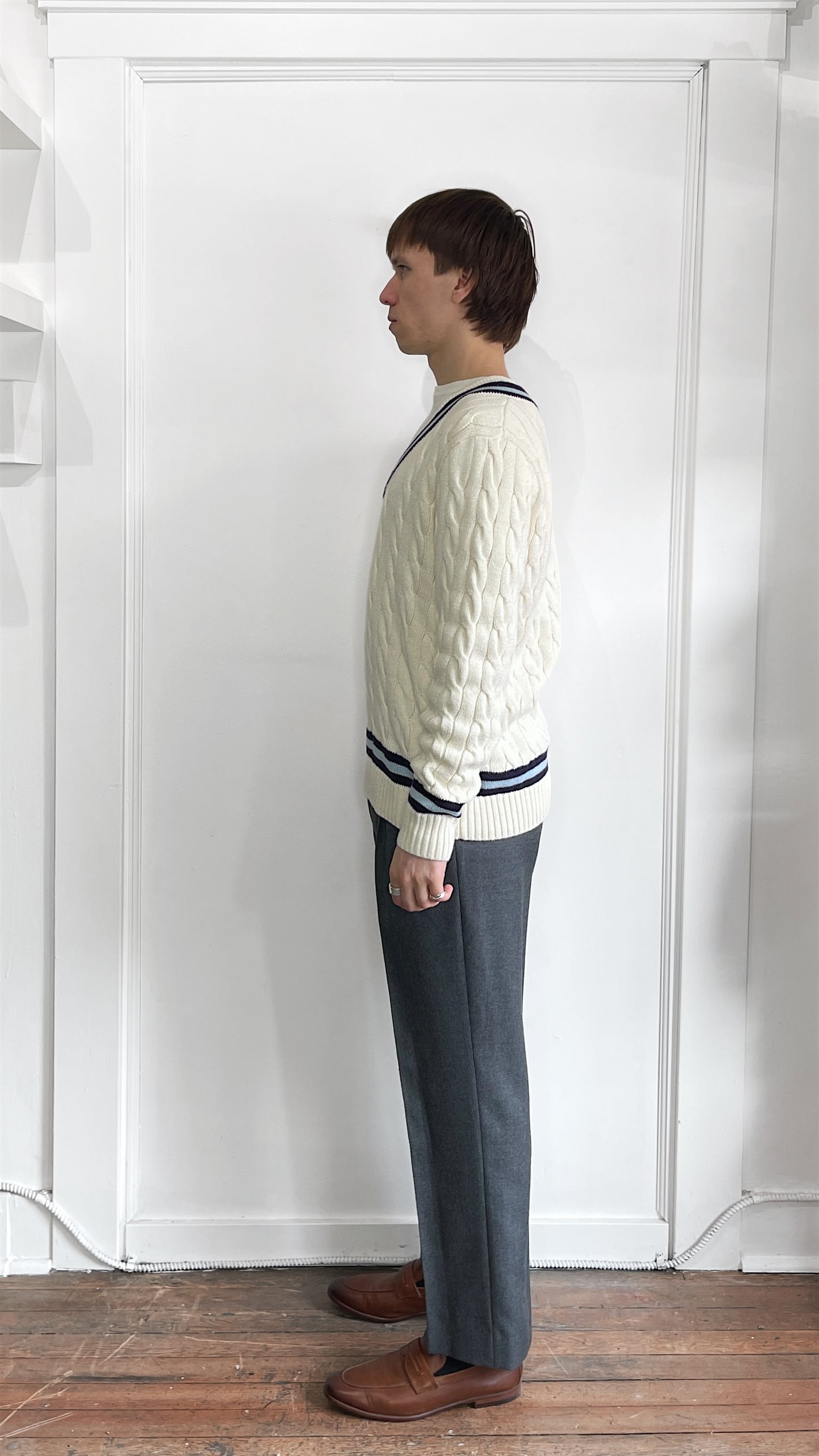 Polo Ralph Lauren Cream & Blue Cotton V-Neck Cricket Sweater Small