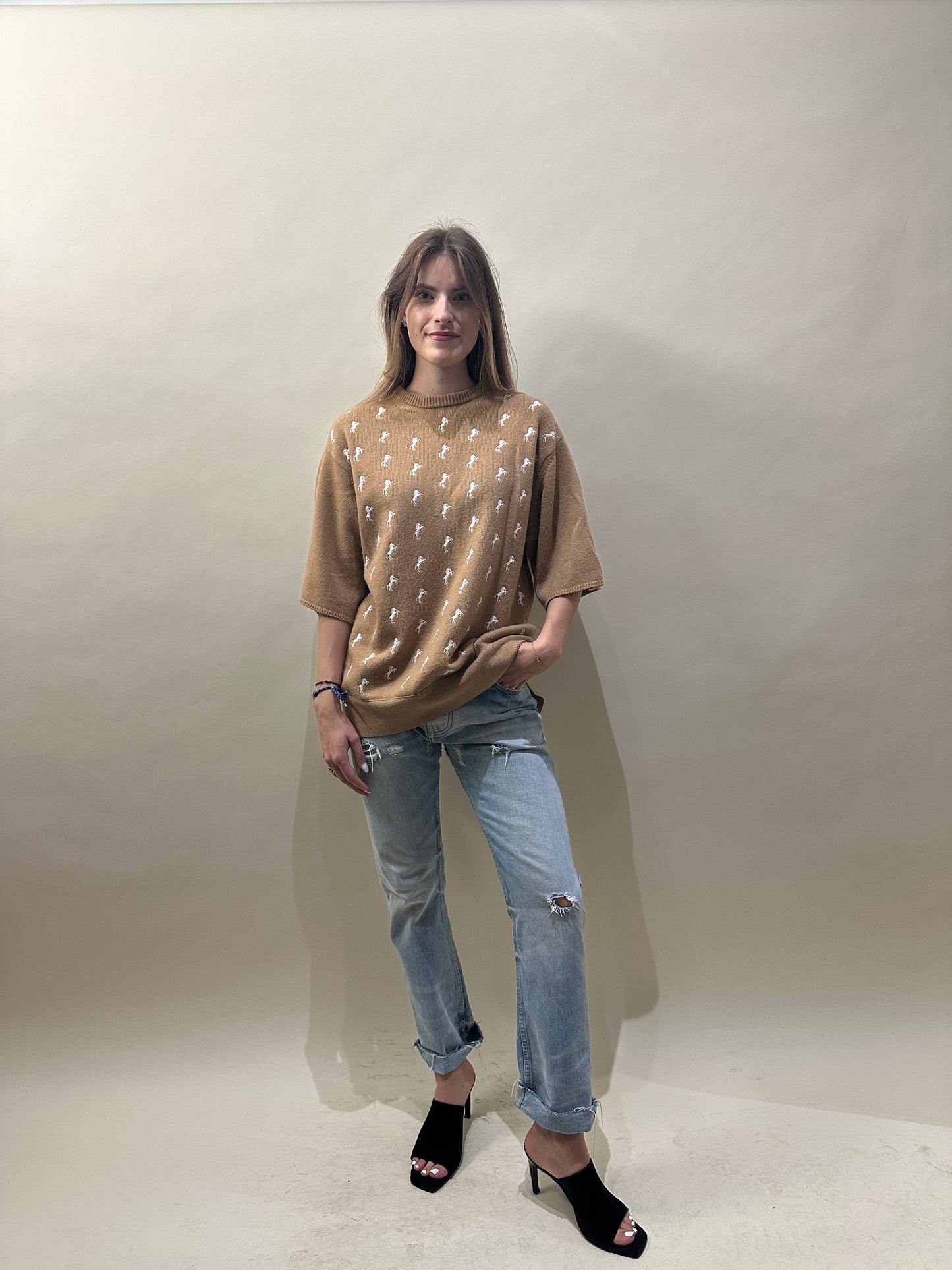 Chloé Camel Wool Blend Horse Knit SS Sweater Extra Small - XS