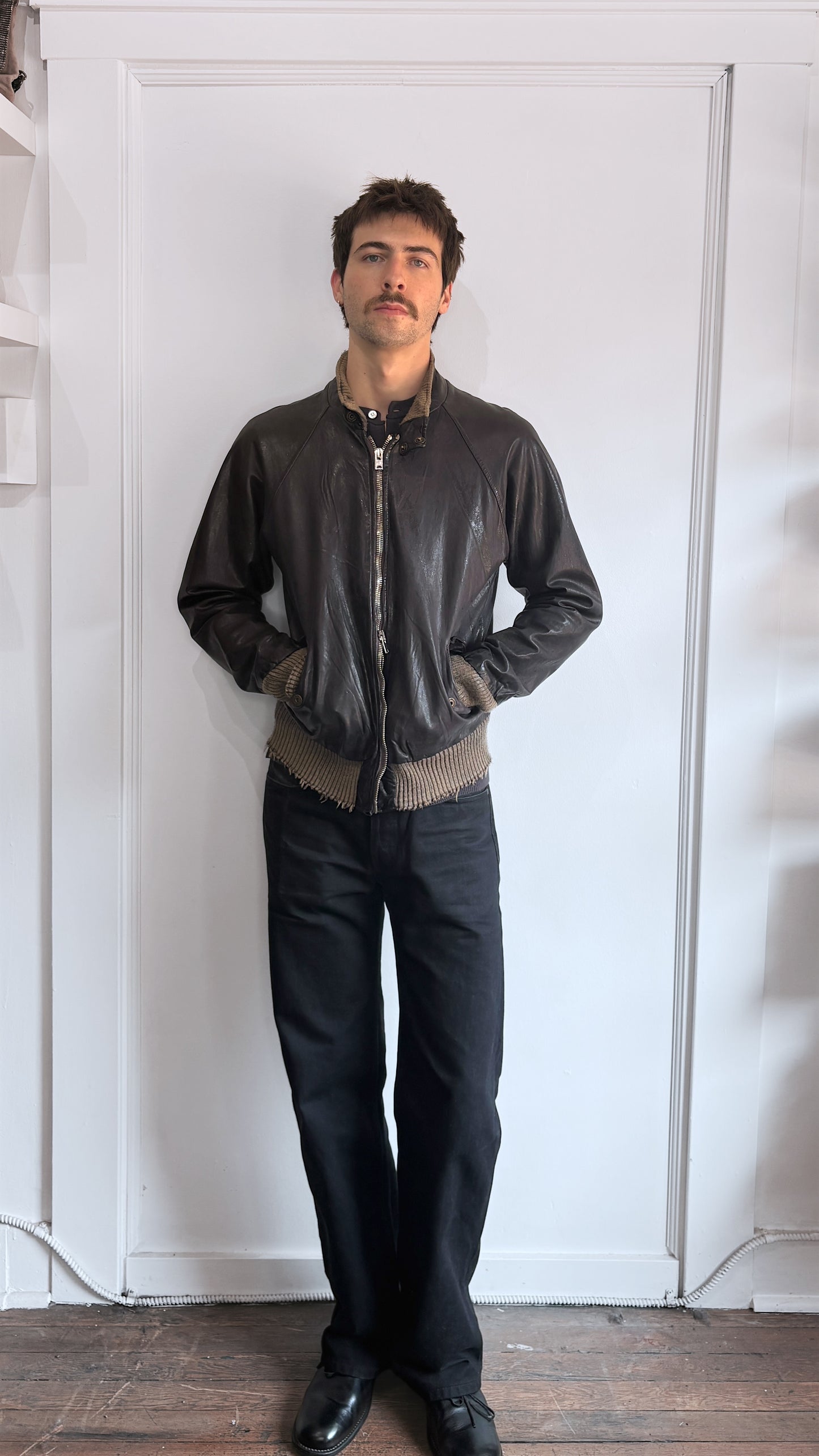 Giorgio Brato Black Leather Distressed Bomber Jacket 44