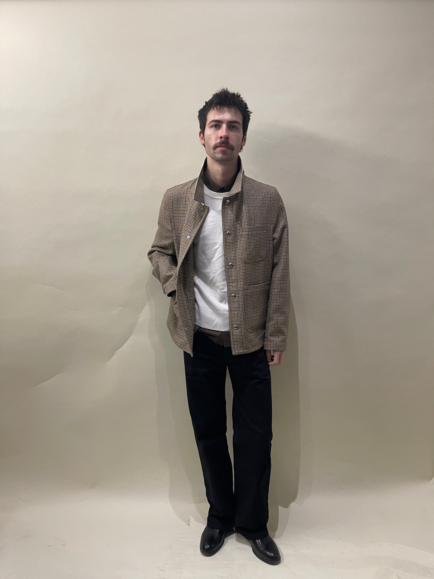 Thom Browne Tan, Brown, & Blue Houndstooth Plaid Wool Shacket Large - L