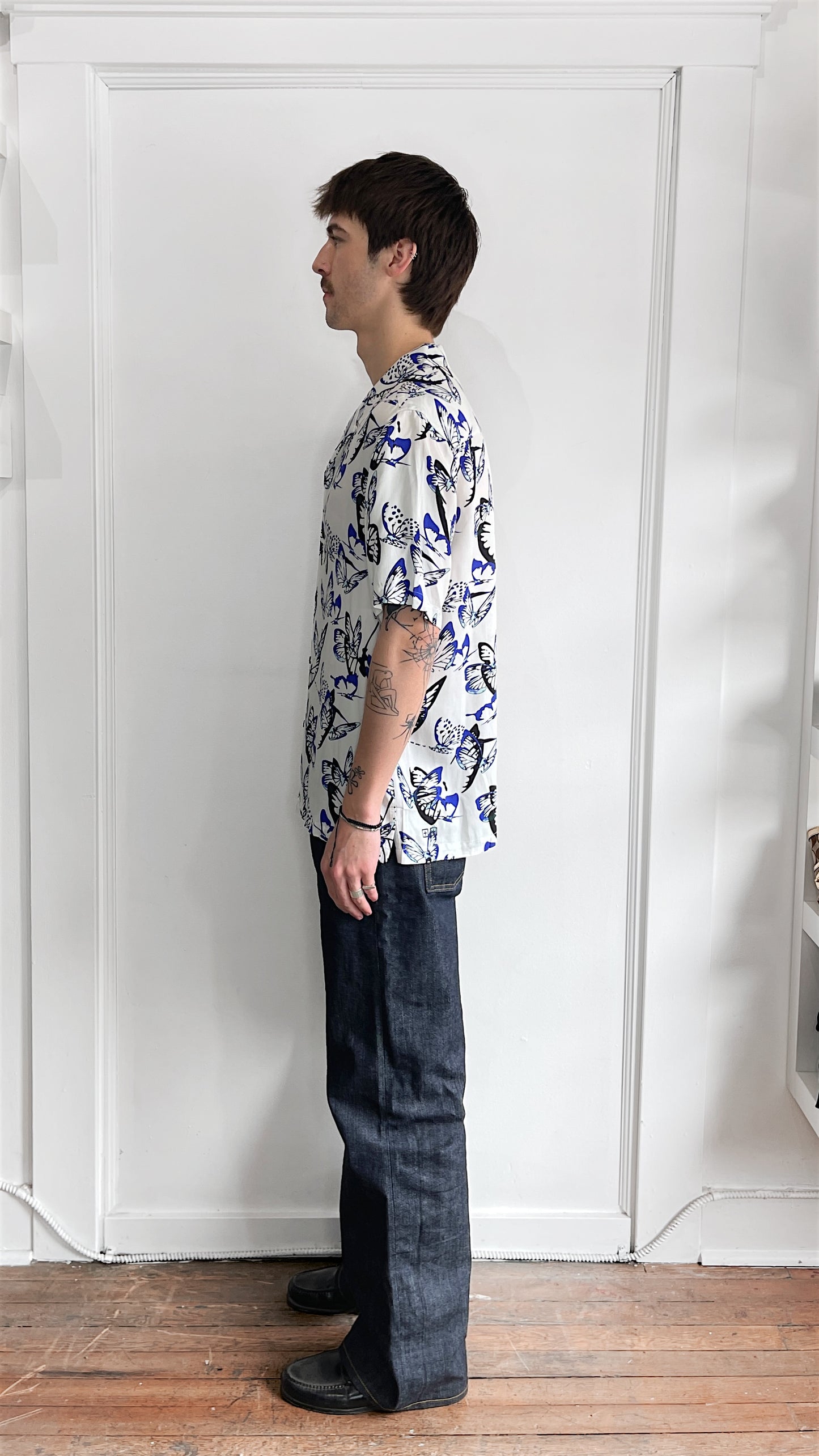 Ksubi White & Blue Butterfly Pattern Viscose Camp Shirt Medium