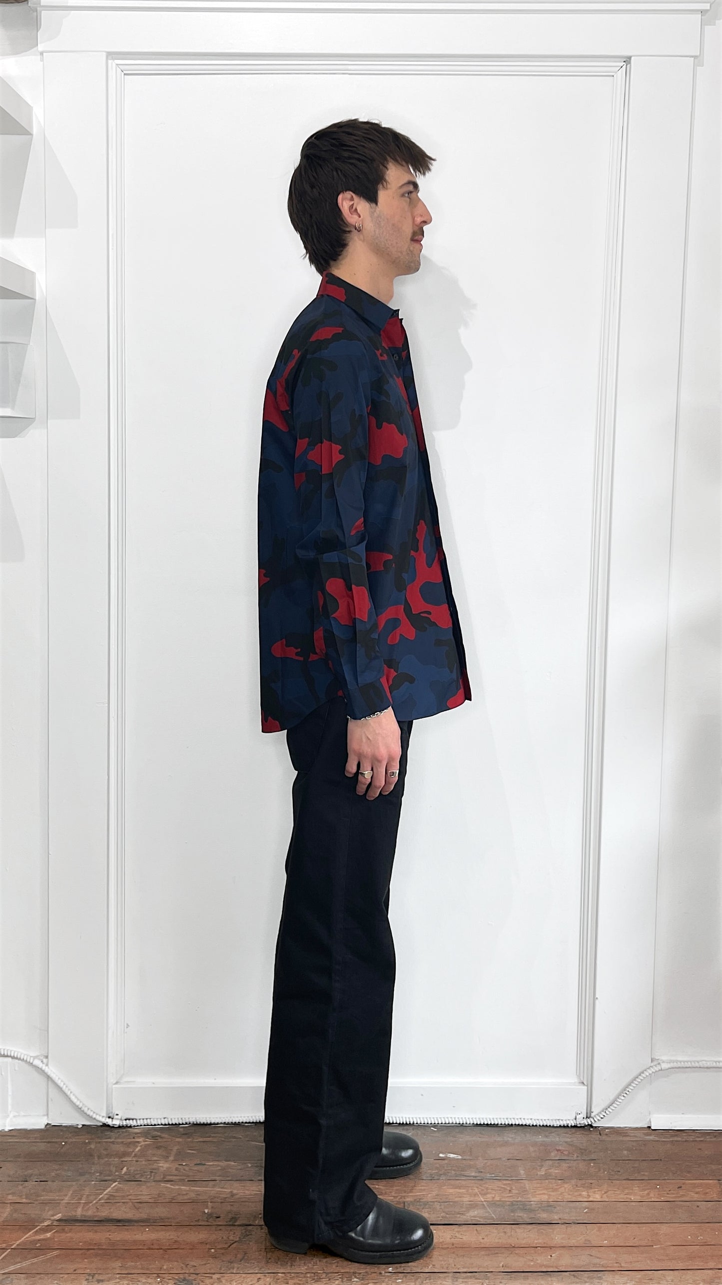 Valentino Navy & Red Camo Cotton LS Button Up Shirt 15.5