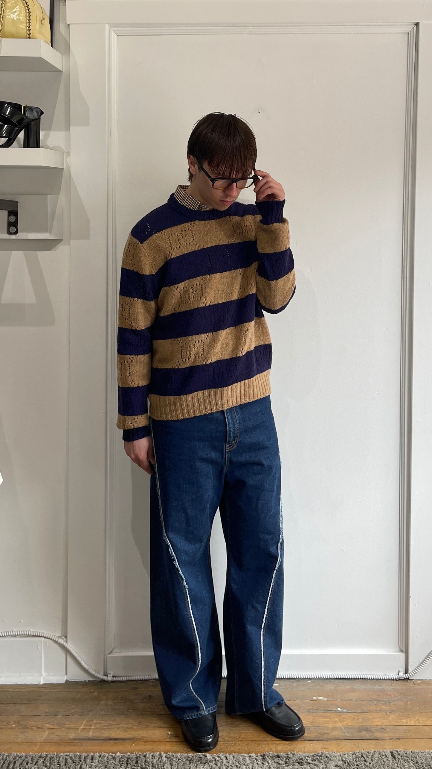 Gucci Navy & Brown Striped Knit Monogram Crewneck Sweater Large - L