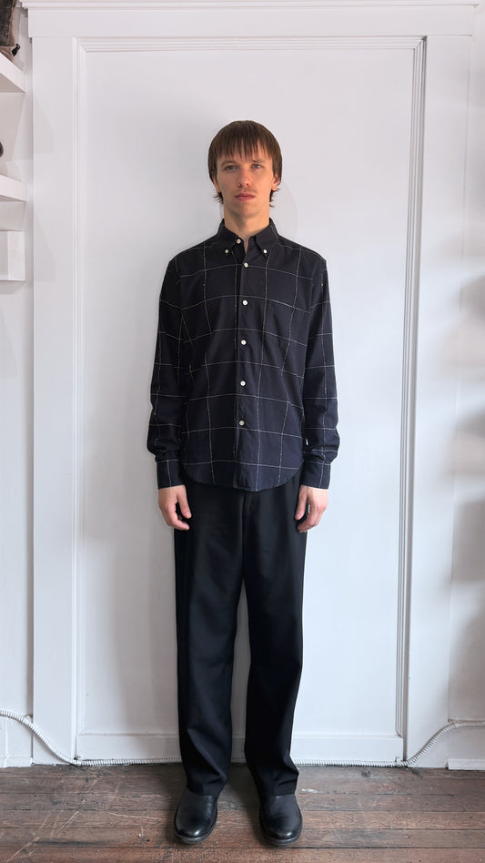 Our Legacy Navy & White Windowpane Cotton LS Button Up Shirt 38