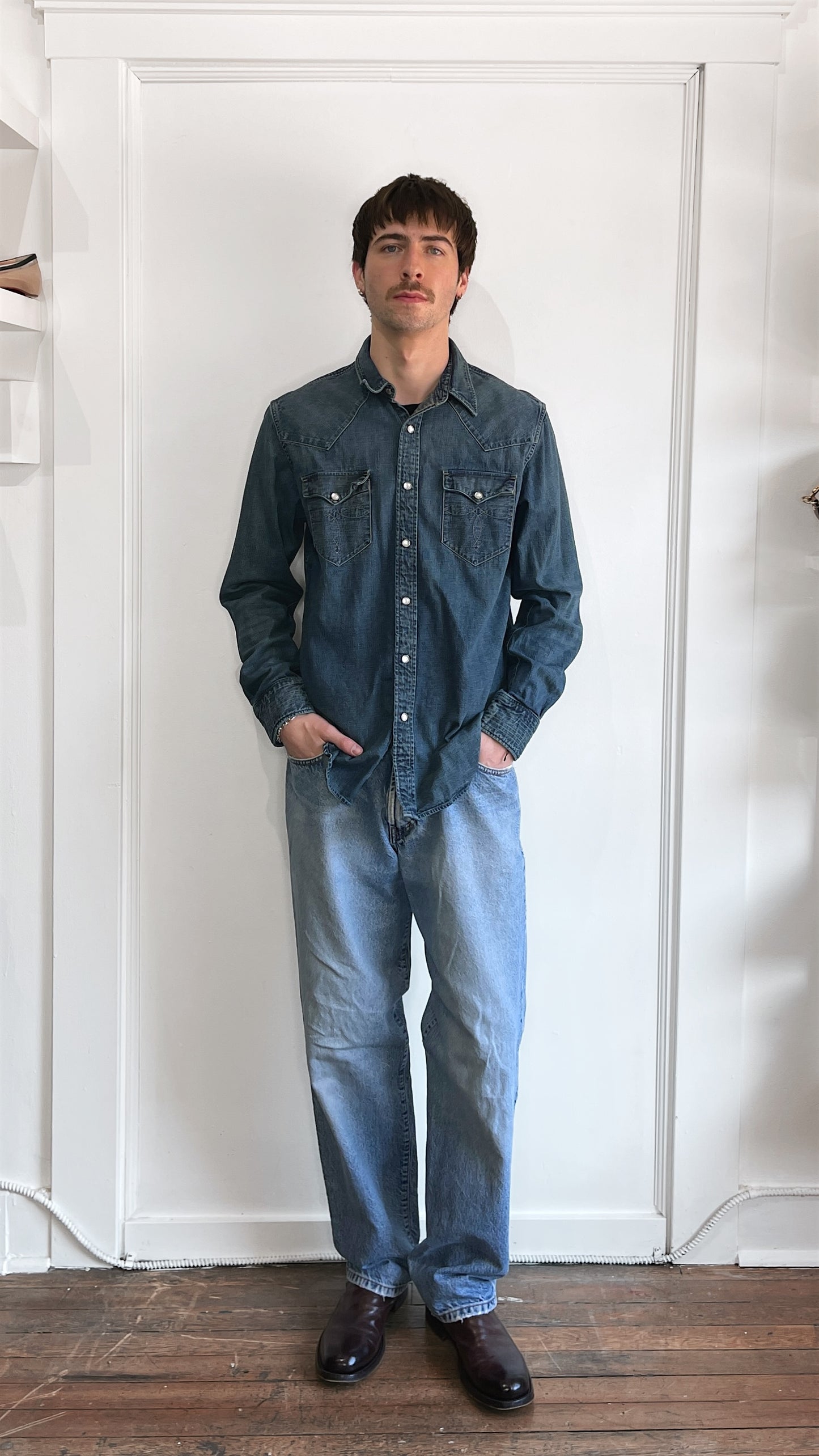 RRL Mid Blue Denim Western Snap Shirt Large