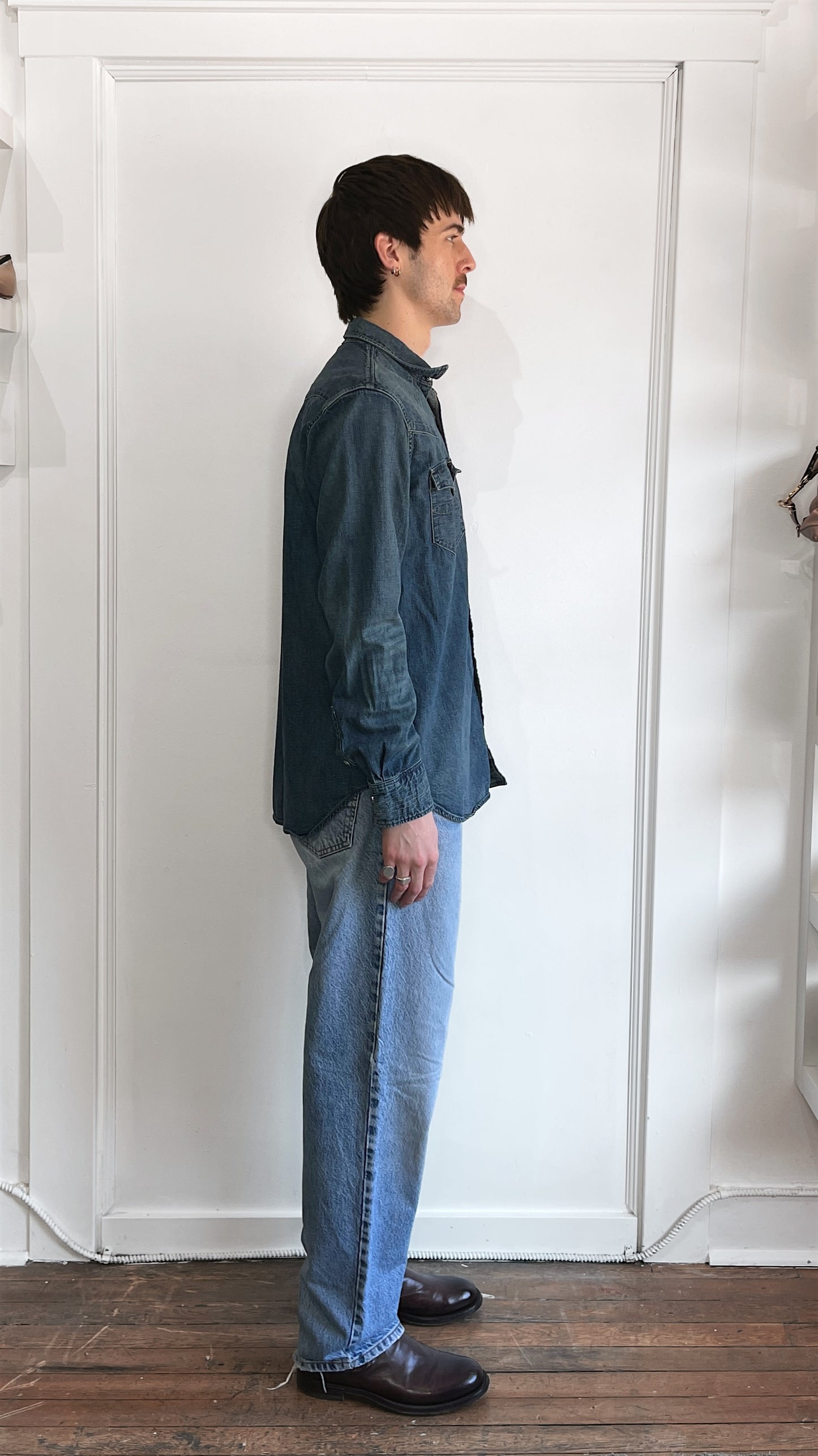 RRL Mid Blue Denim Western Snap Shirt Large