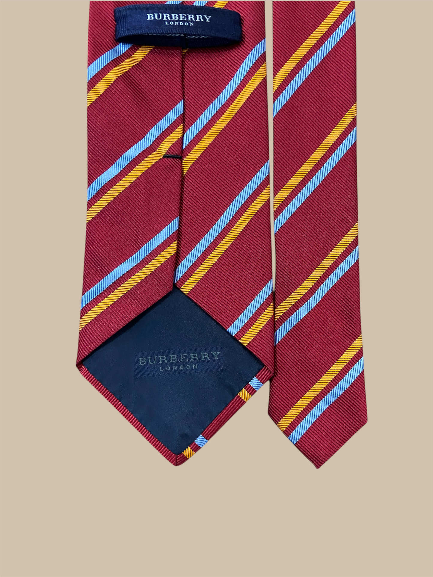 Burberry Red, Orange, & Light Blue Striped Silk Tie