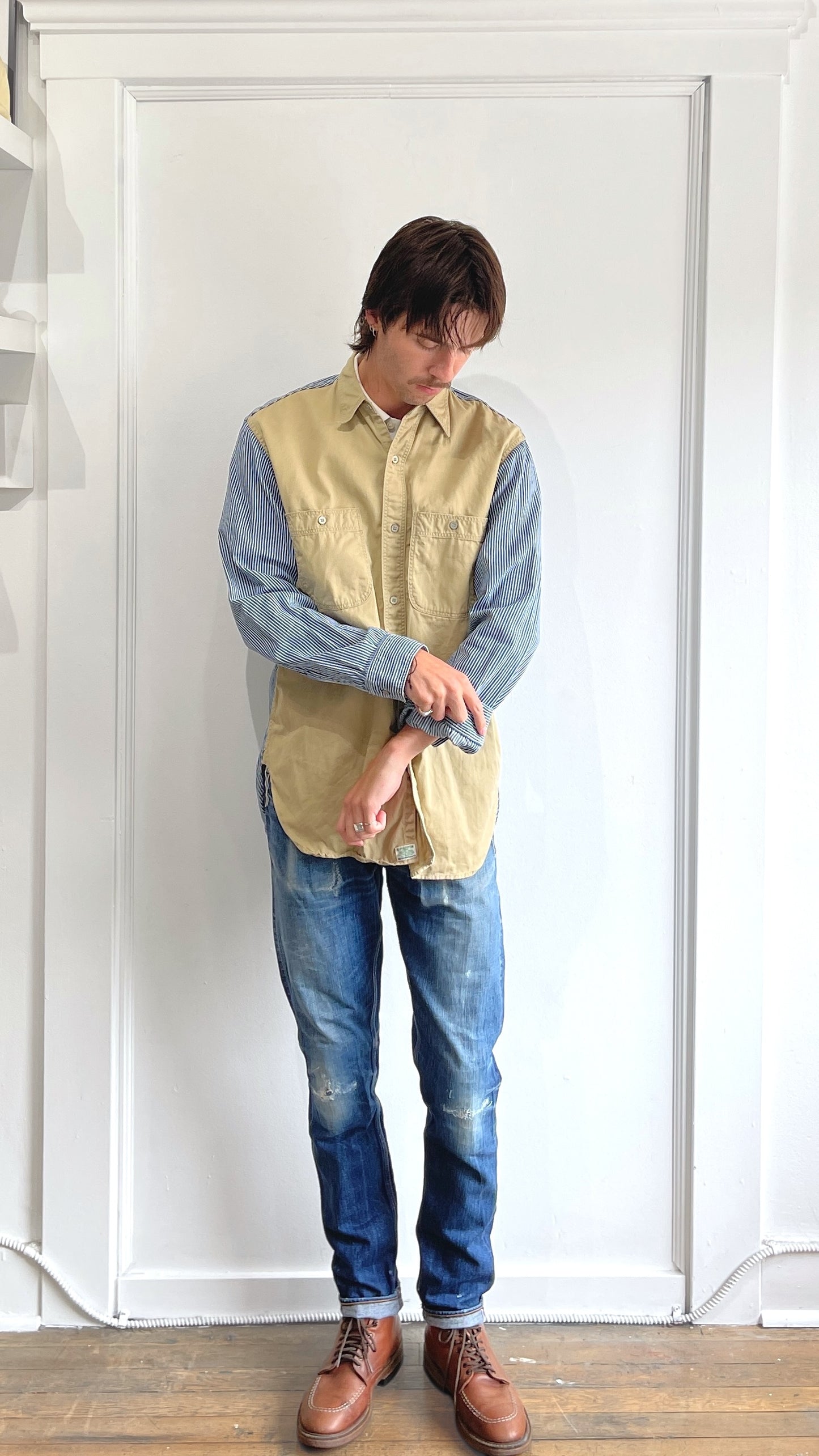 orSlow Tan & Blue Striped Panelled Button Up Overshirt Medium - M