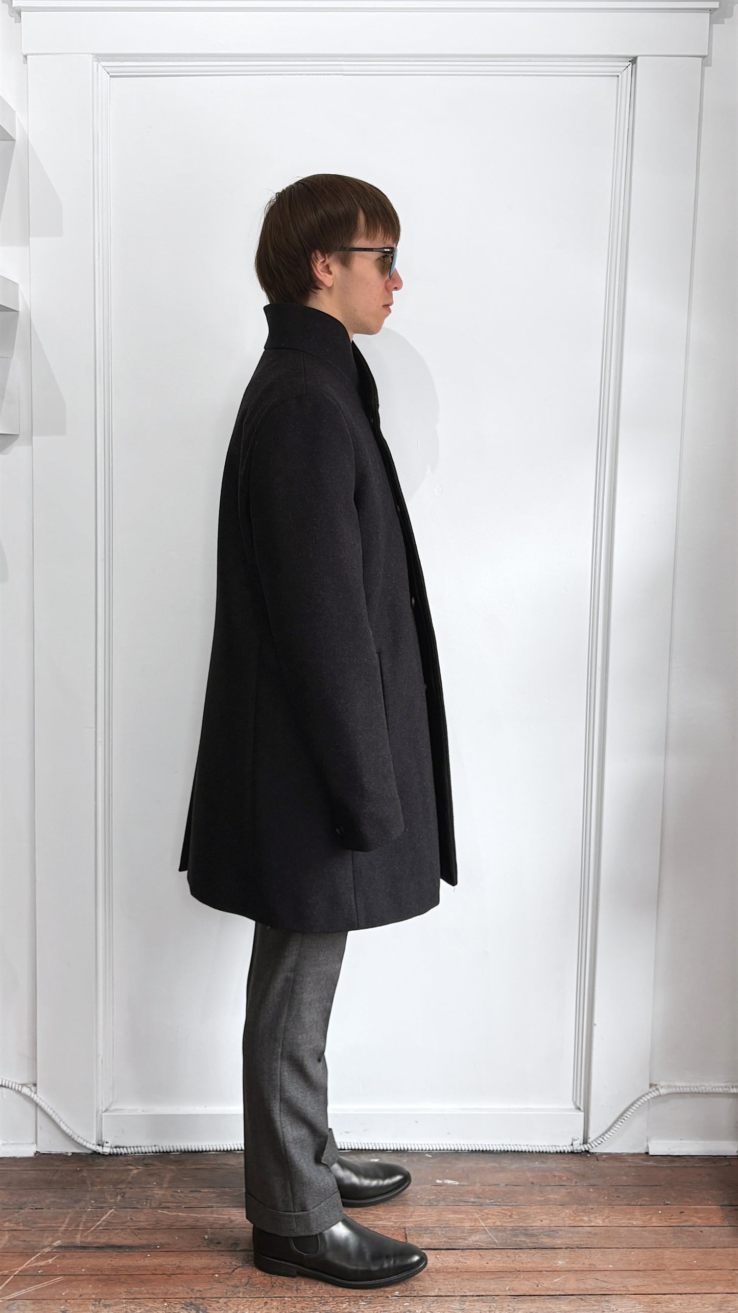 All Saints Charcoal Grey Wool Blend Mid Length Overcoat 42