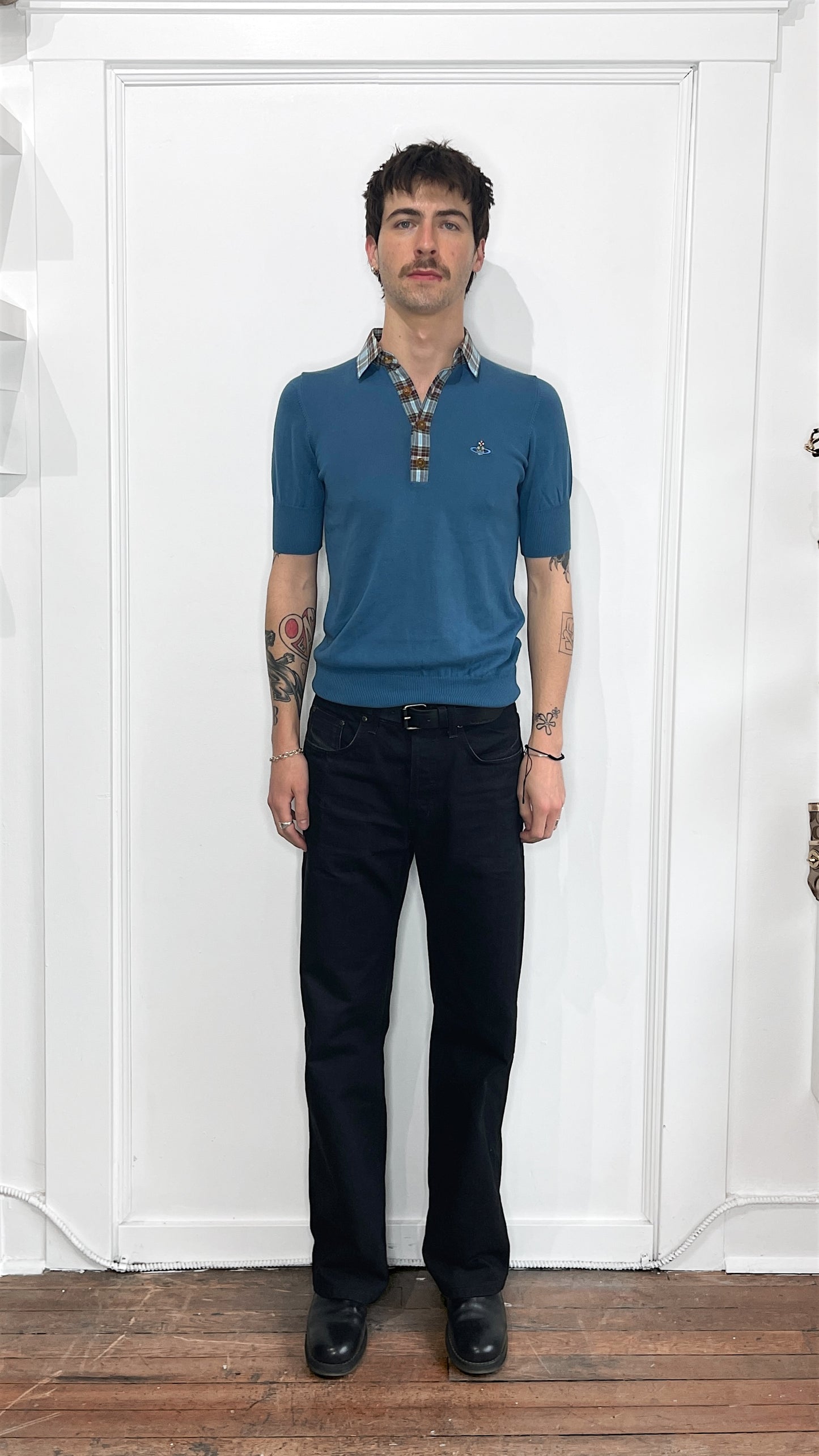 Vivienne Westwood Slate Blue & Brown Plaid Knit Cotton Polo Shirt Small