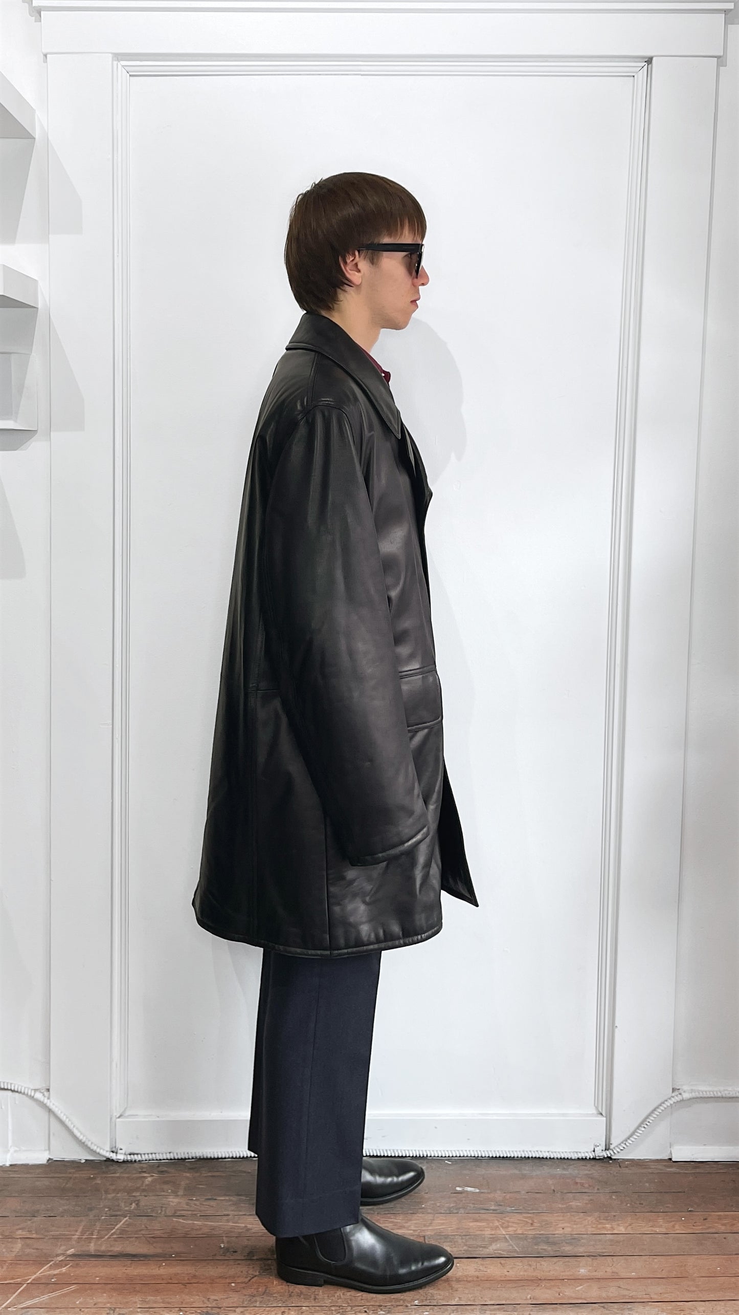 Armani Collezioni Black Lambskin Double Breasted Overcoat 46