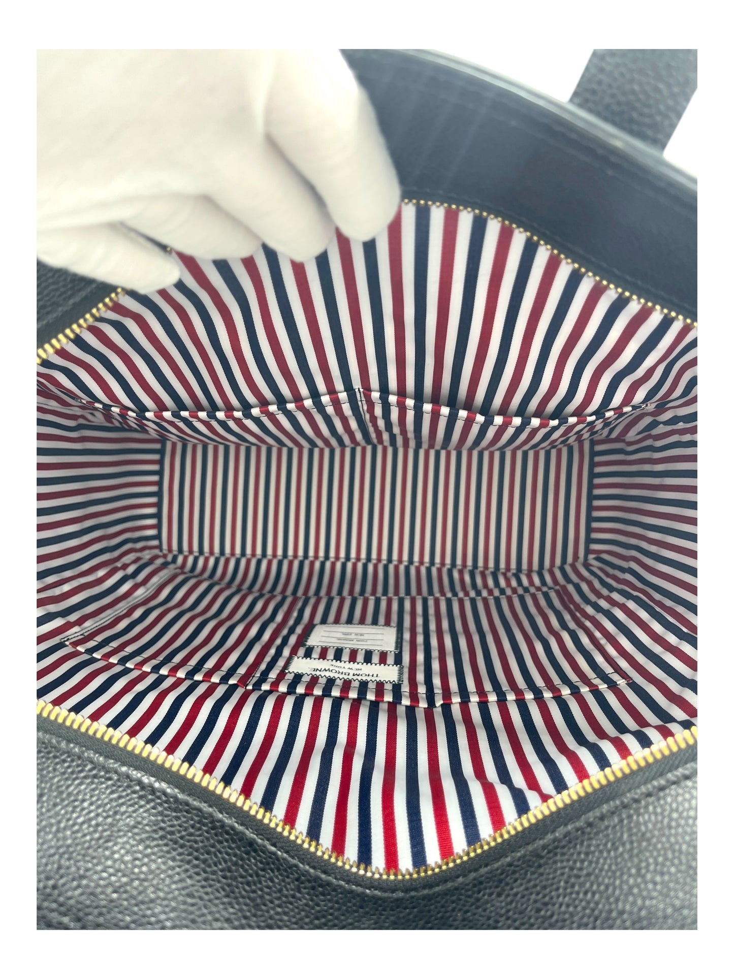 Thom Browne Black Pebbled Leather Stripe Tote Bag