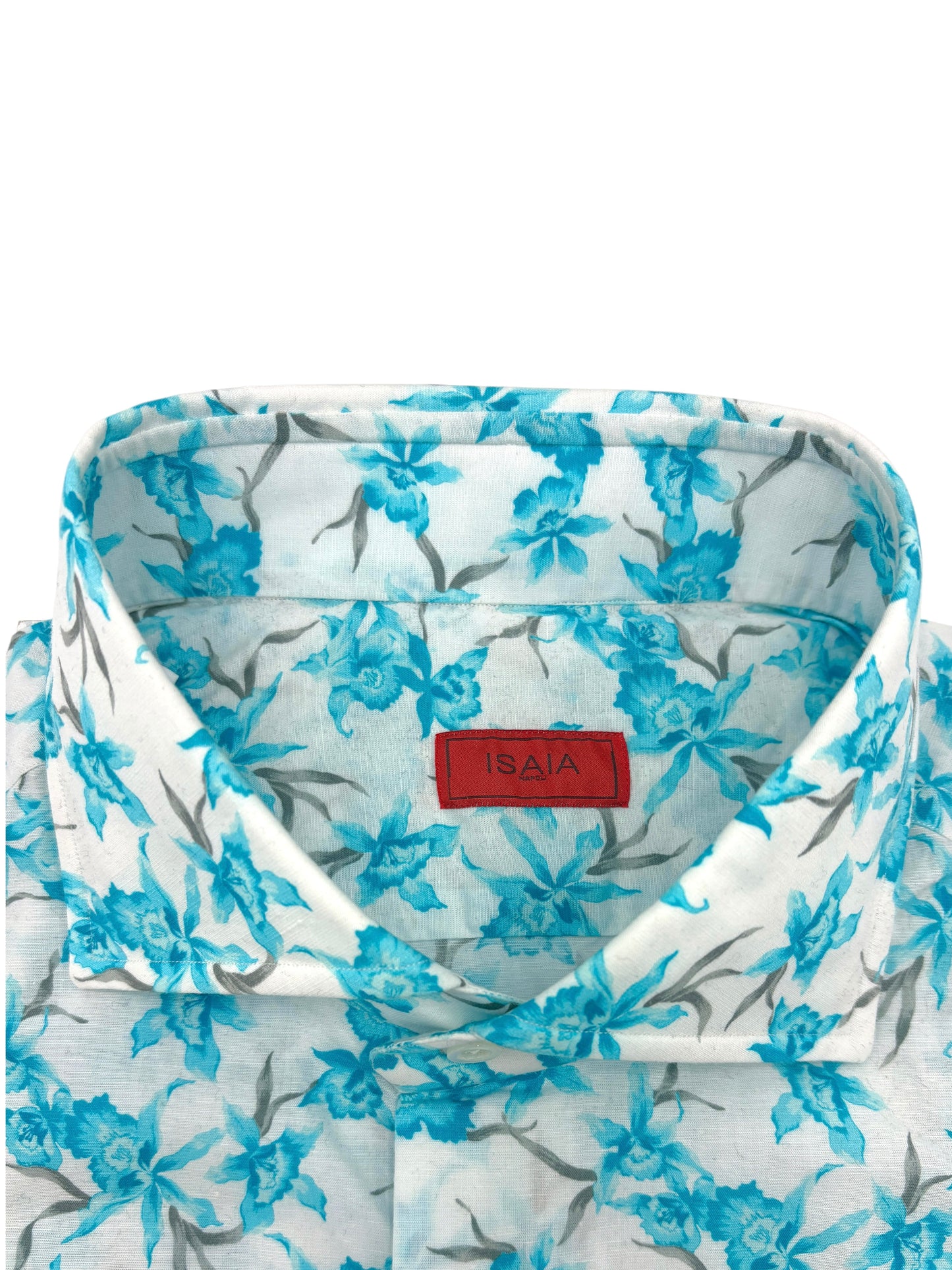 Isaia Teal Blue & White Floral Linen Dress Shirt 16