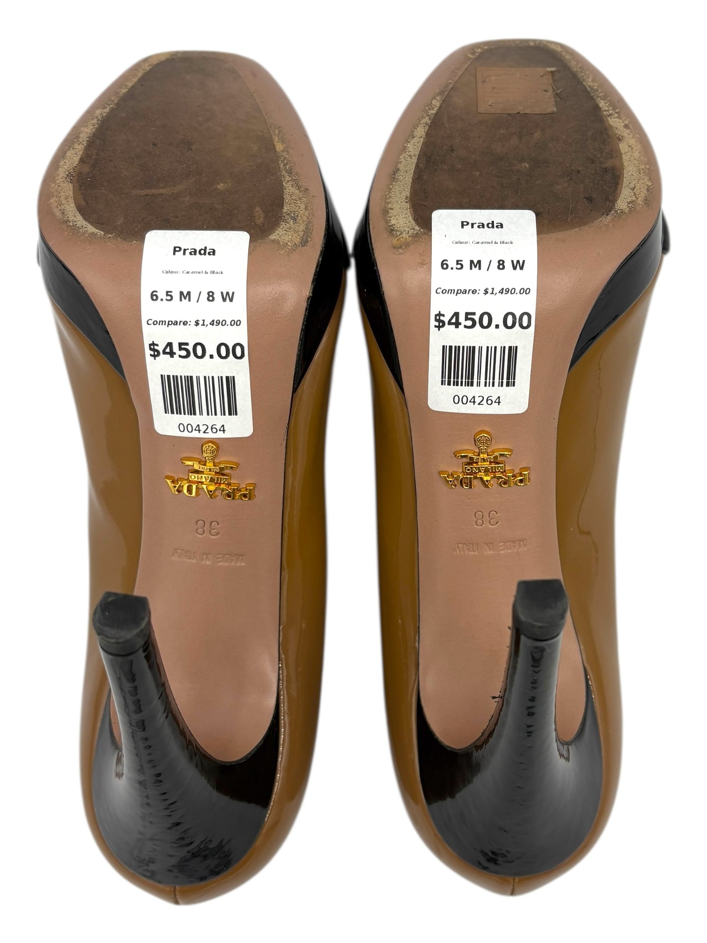 Prada Caramel & Black Patent Leather Square Toe Heels 6.5 M / 8 W