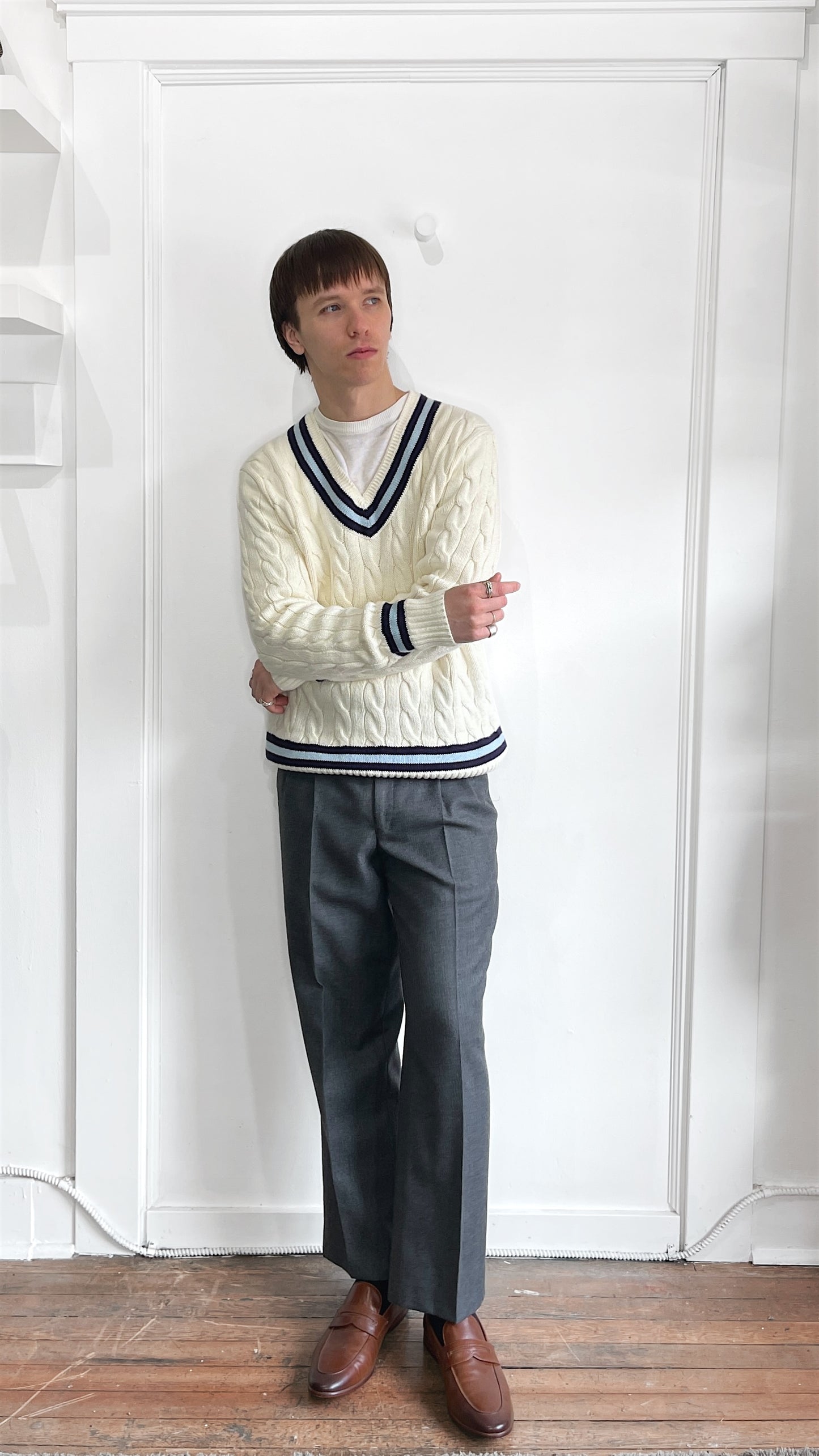 Polo Ralph Lauren Cream & Blue Cotton V-Neck Cricket Sweater Small