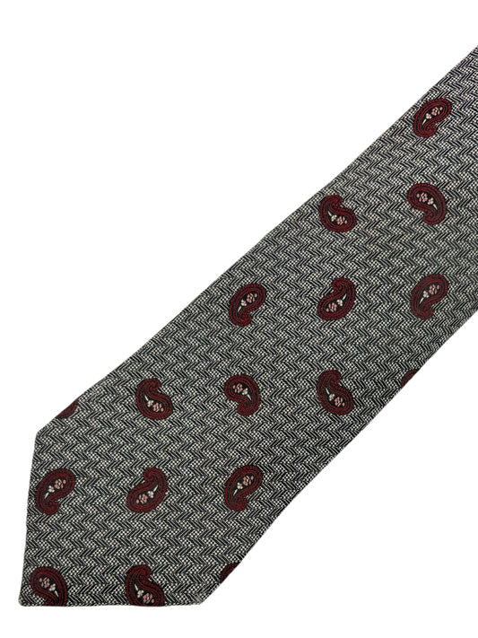 Ermenegildo Zegna Grey & Brick Paisley & Herringbone Pattern Silk Tie