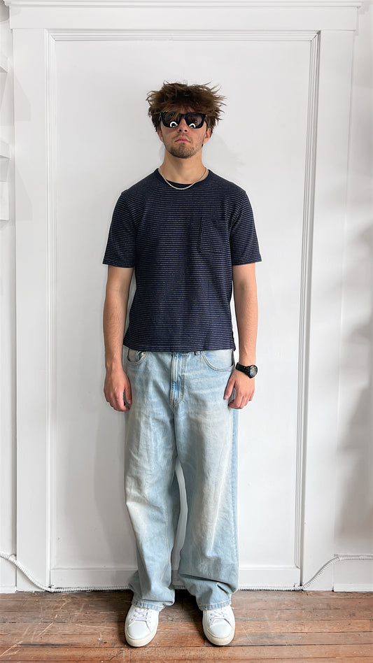 Nanamica Navy Blue & White Birdseye Stripe T-Shirt Medium