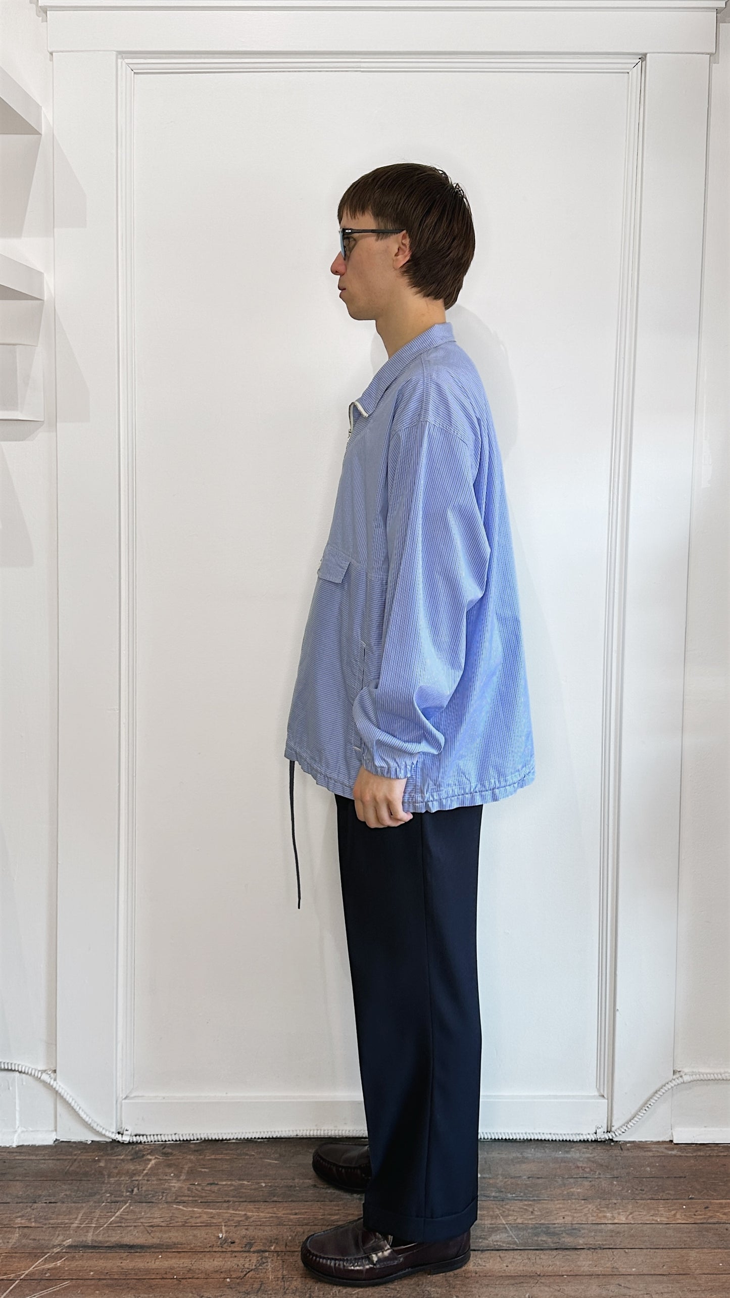 Nanamica Blue Striped 1/4 Zip Popover Dress Shirt Extra Large