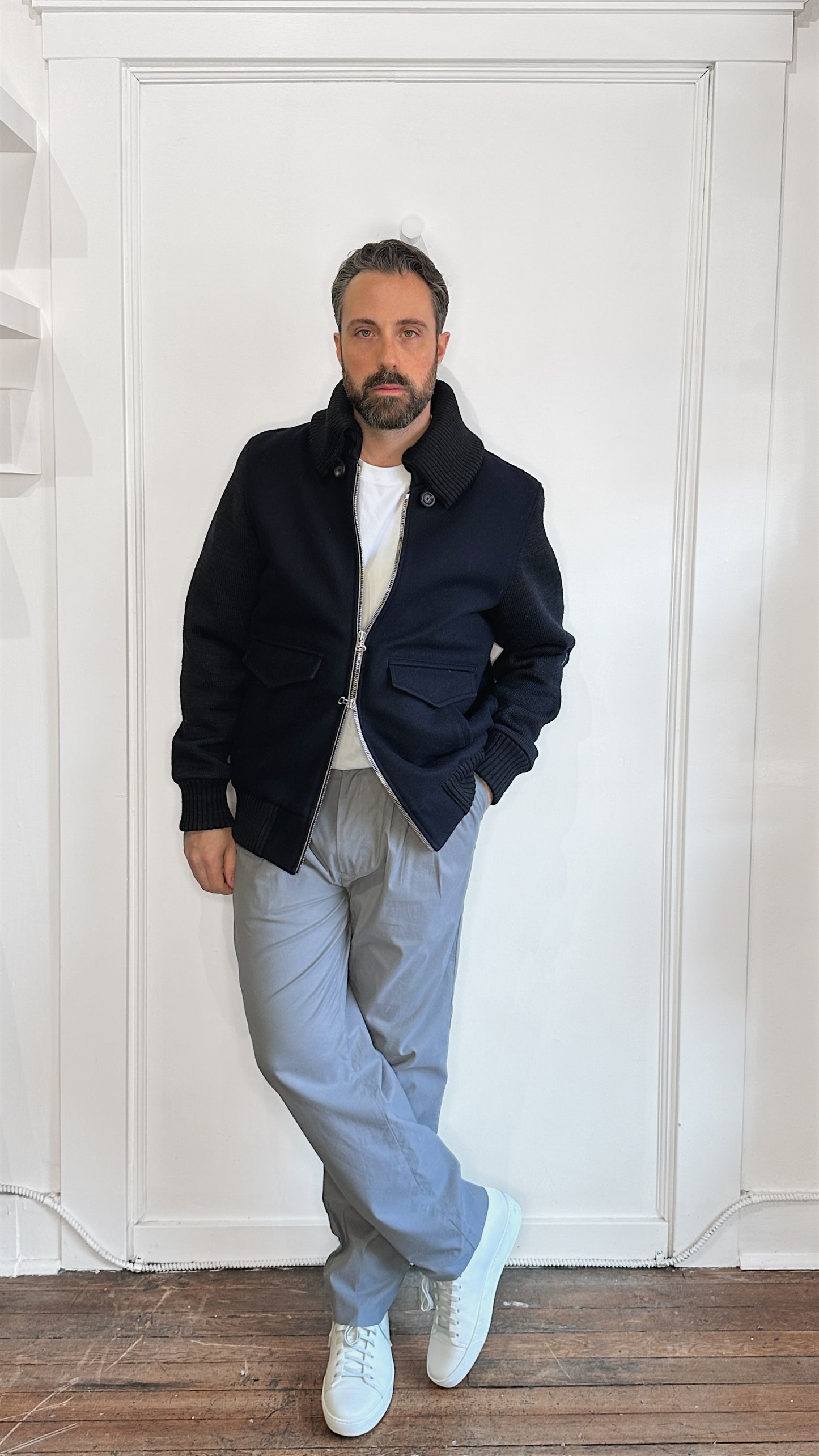 Wings + Horns Multi Navy Wool Knit Sleeve Bomber Jacket Extra Large