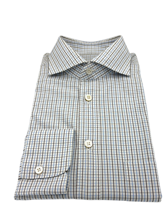 Kiton Baby Blue & Brown Tattersall Check Dress Shirt 16.5