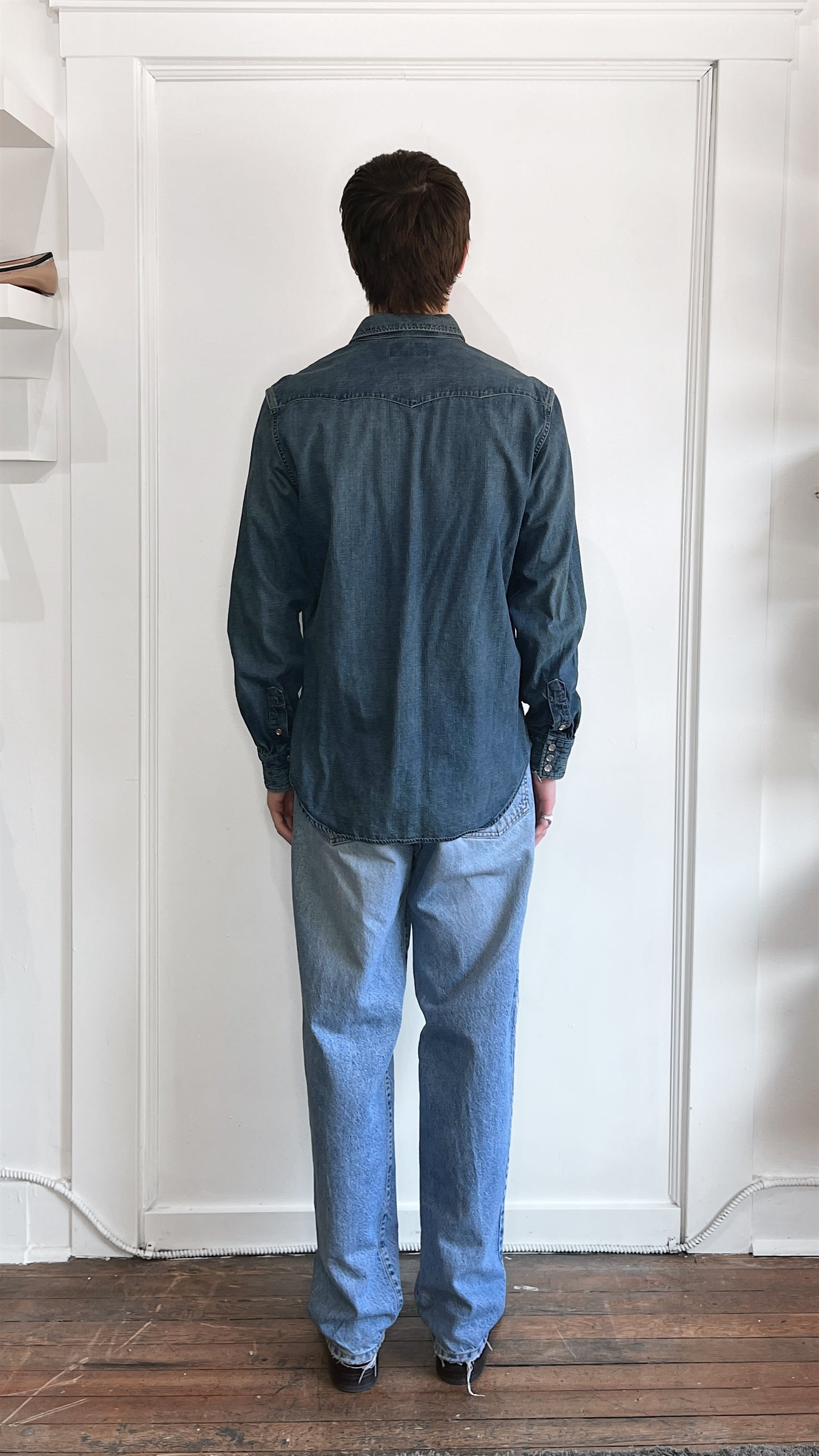 RRL Mid Blue Denim Western Snap Shirt Large