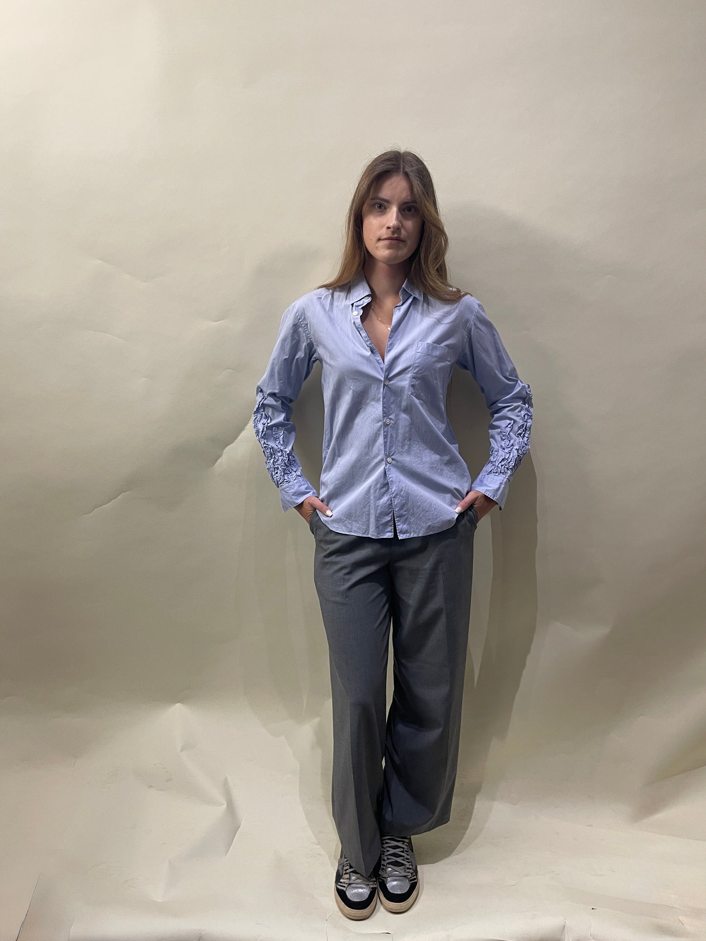 Comme Des Garcons Homme Plus Light Blue Cotton Ruffled Sleeve LS Button Up Extra Small - XS