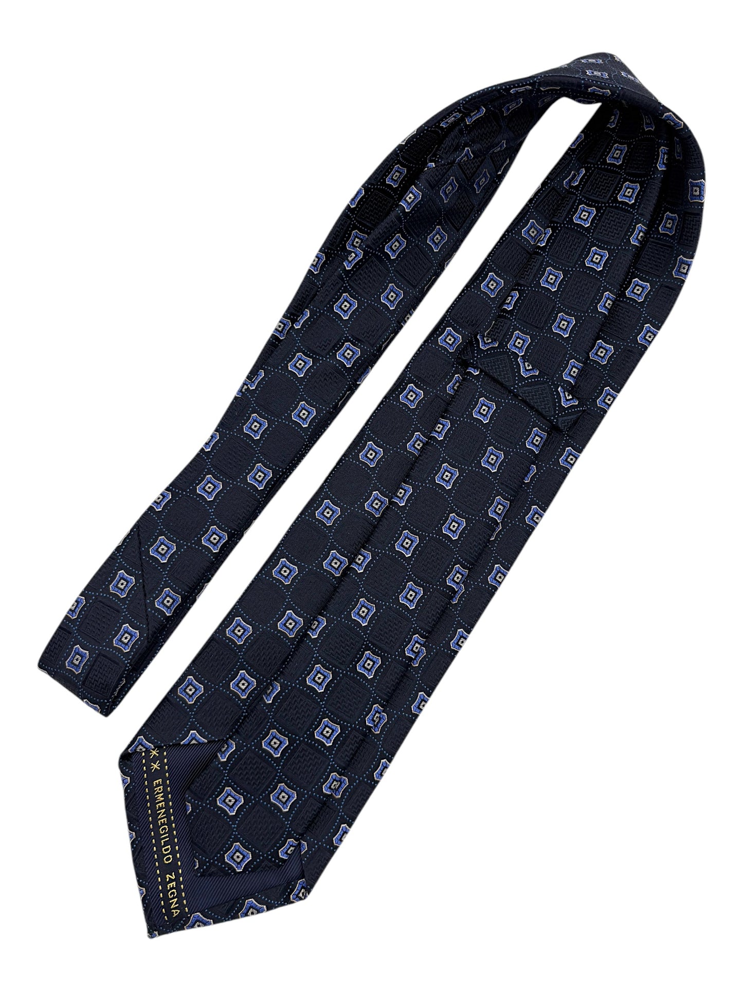 Ermenegildo Zegna Navy and Blue Geometric Check Pattern Silk Tie
