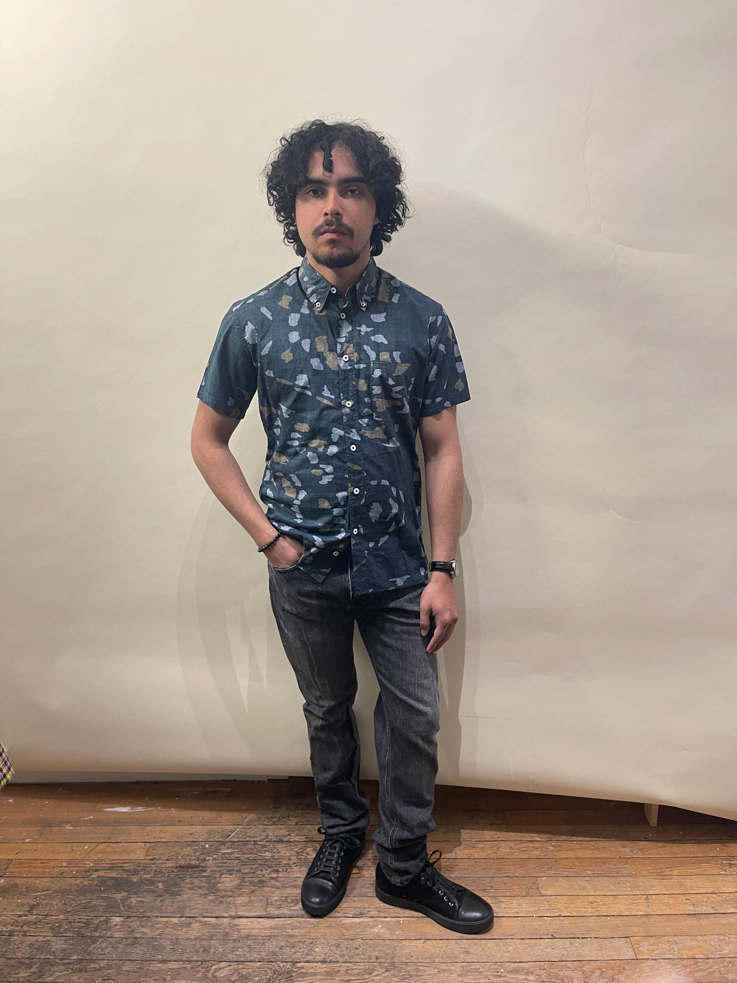 Billy Reid Indigo Camo-esque Pattern SS Button Up Shirt Small - S