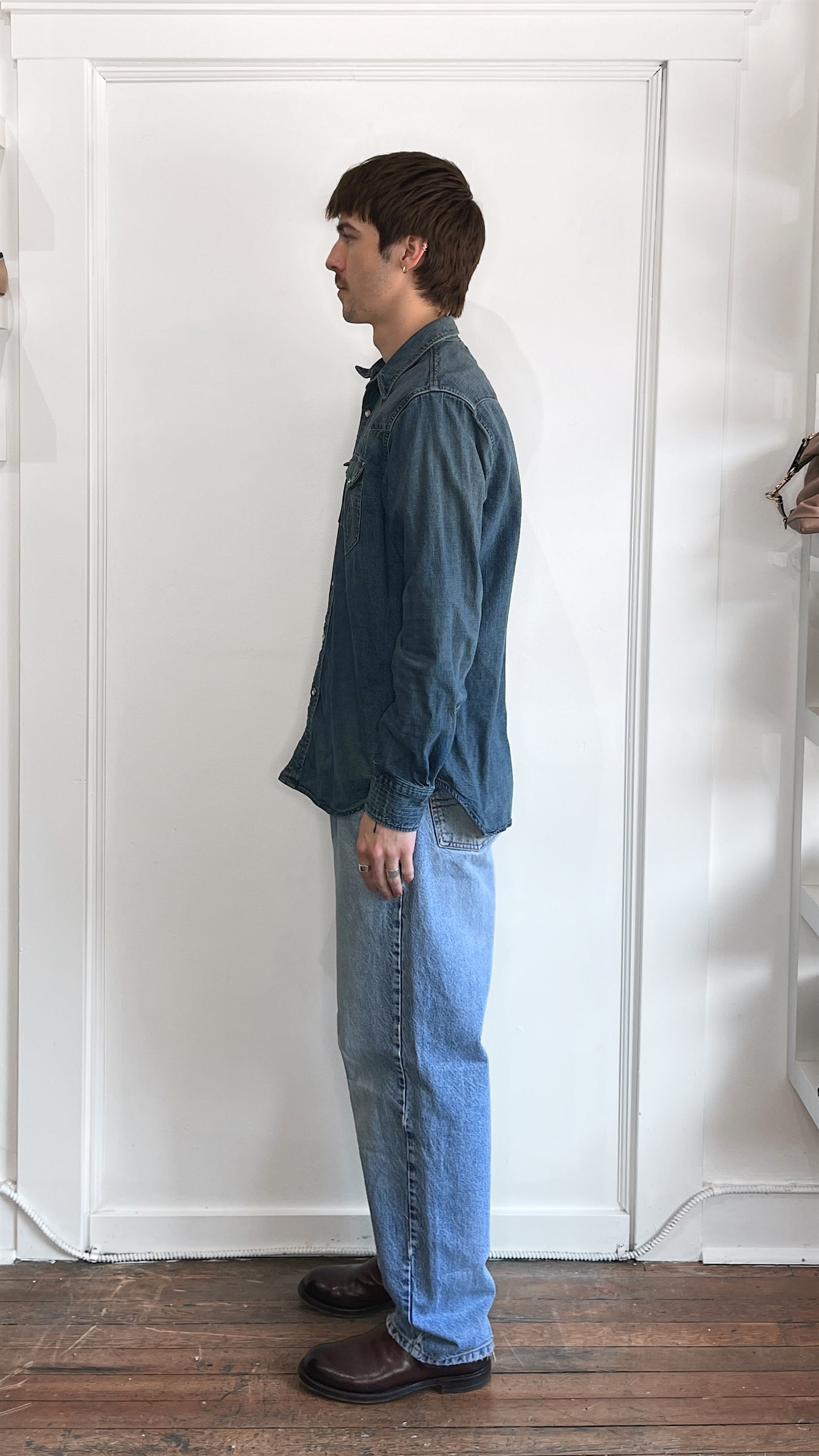 RRL Mid Blue Denim Western Snap Shirt Large