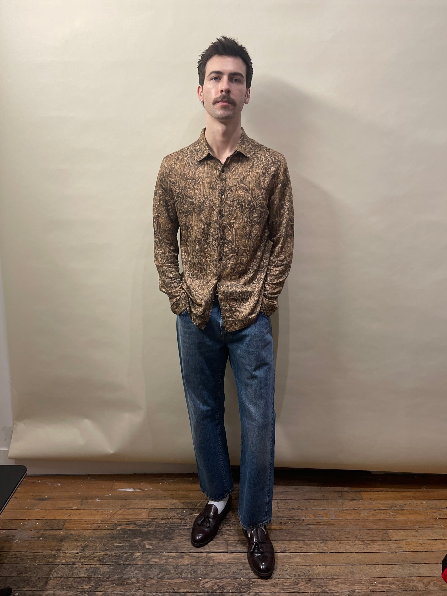 John Varvatos Wheat Floral Motif Linen LS Renato Small - S