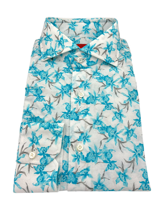 Isaia Teal Blue & White Floral Linen Dress Shirt 16