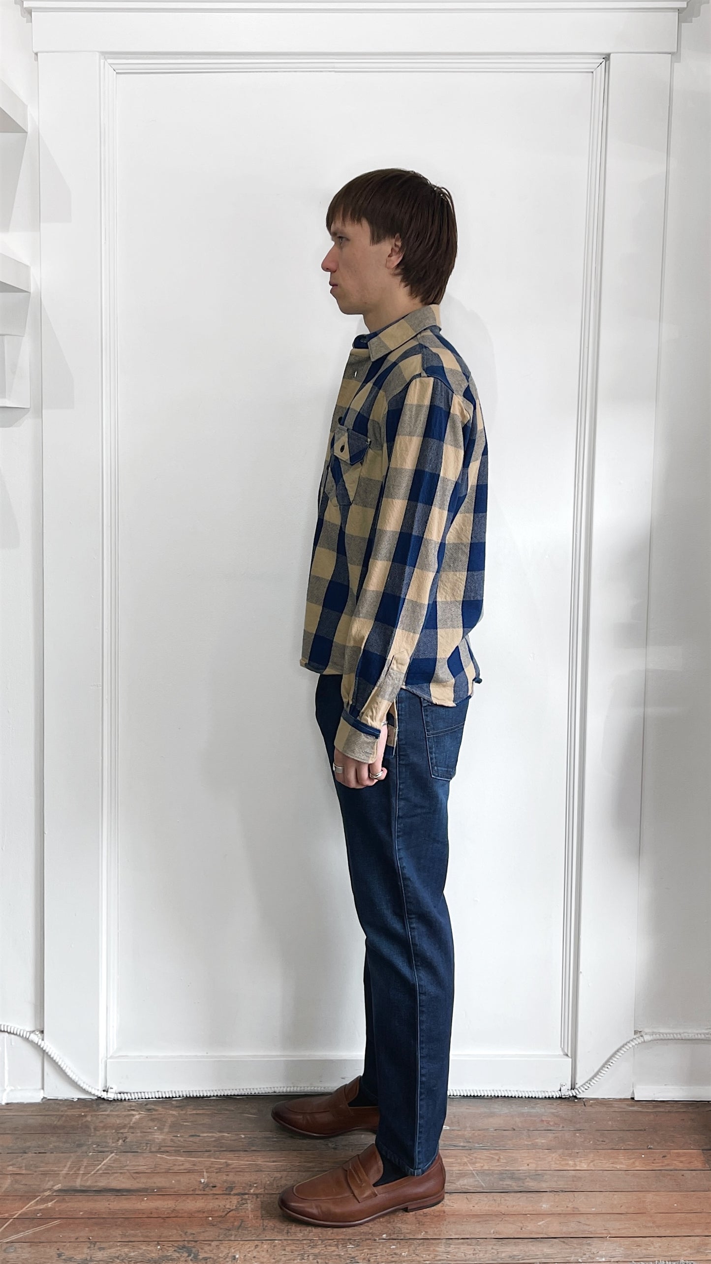 Indigofera Tan & Blue Buffalo Check Flannel Shirt Small