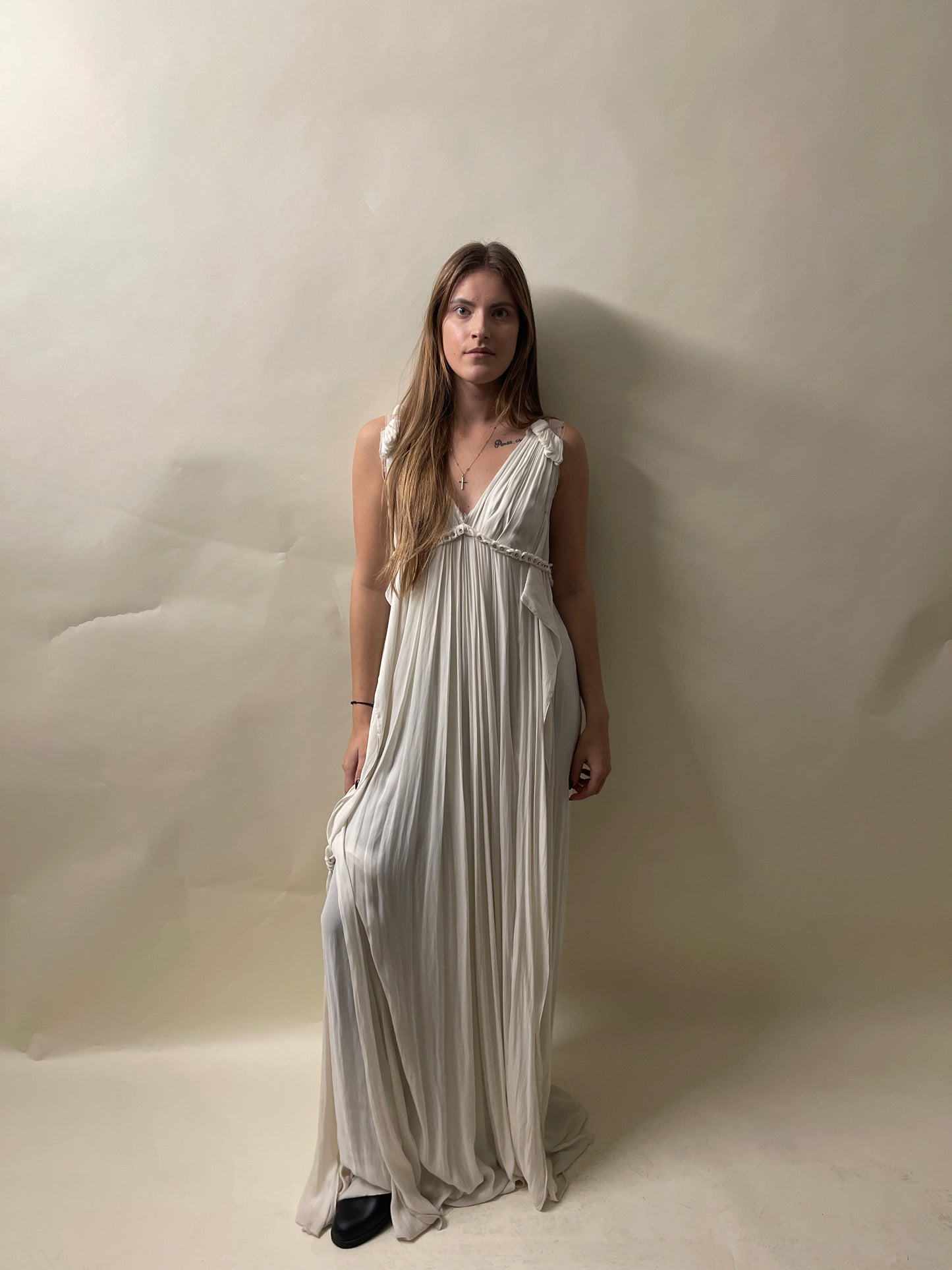 Lanvin Off White Silk & Polyester Distressed Motif Dress 40