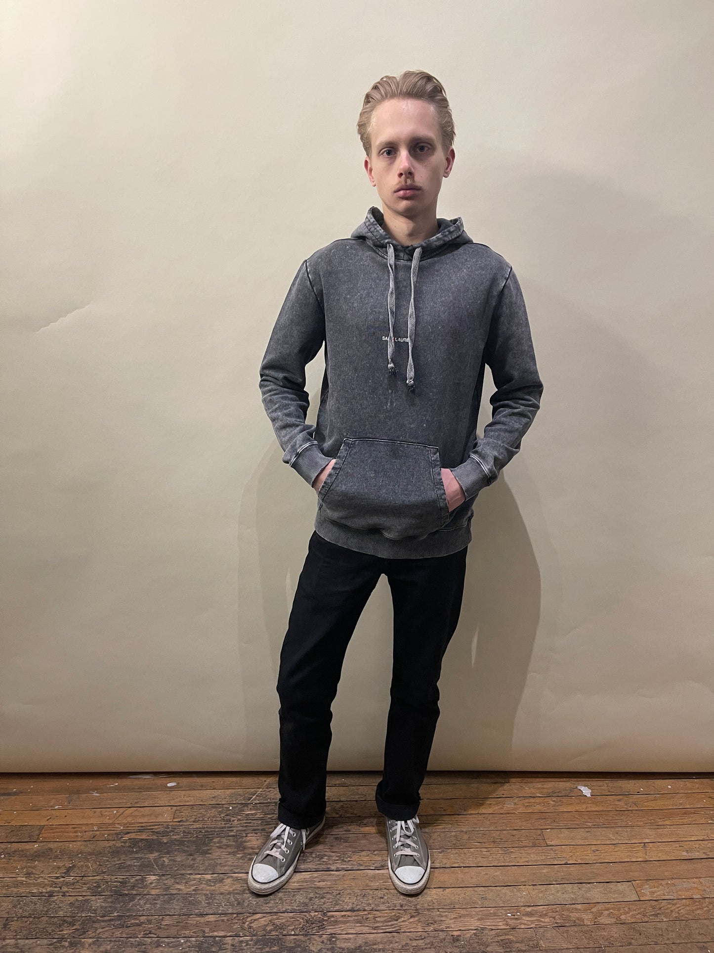 Saint Laurent Faded Grey Small Chest Logo Hoodie Extra Small - XS