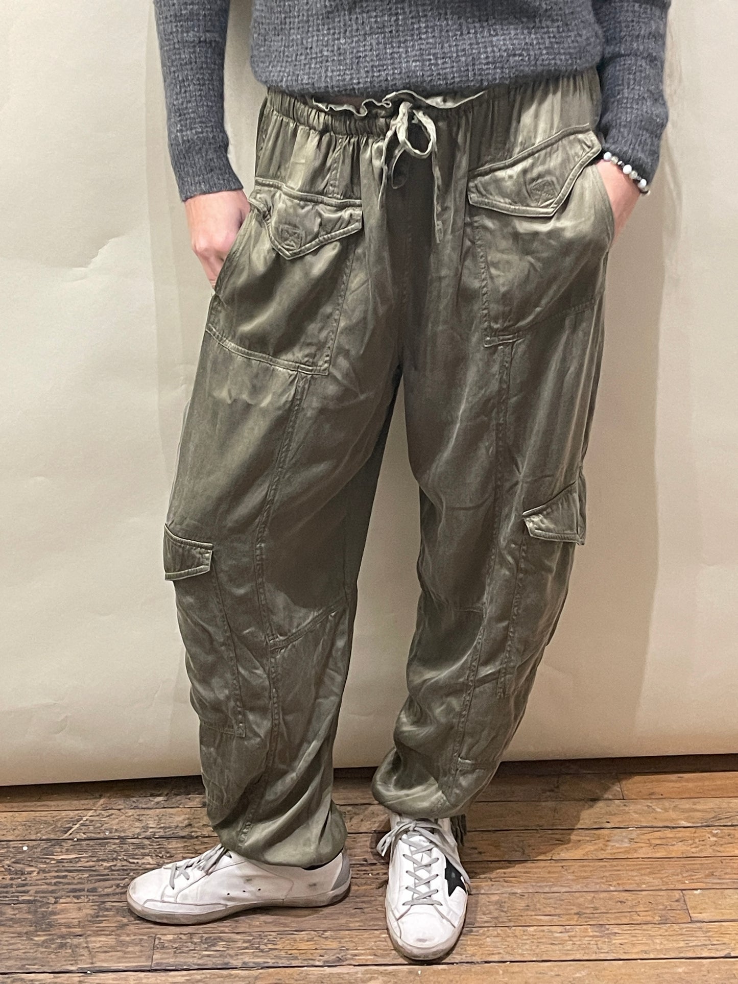 Ganni Army Green Viscose Baggy Cargo Pants 44