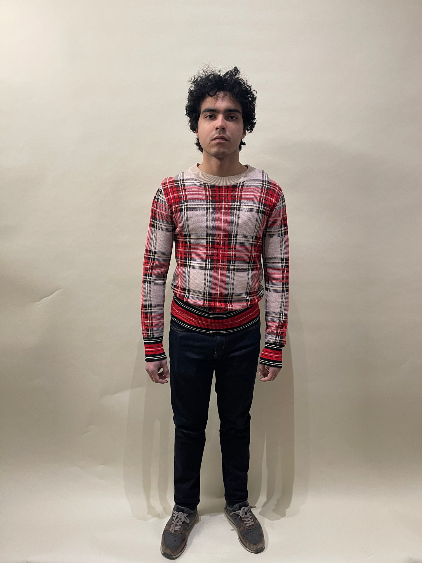 Dries Van Noten Red & Beige Plaid Wool Blend Crewneck Sweater Small - S